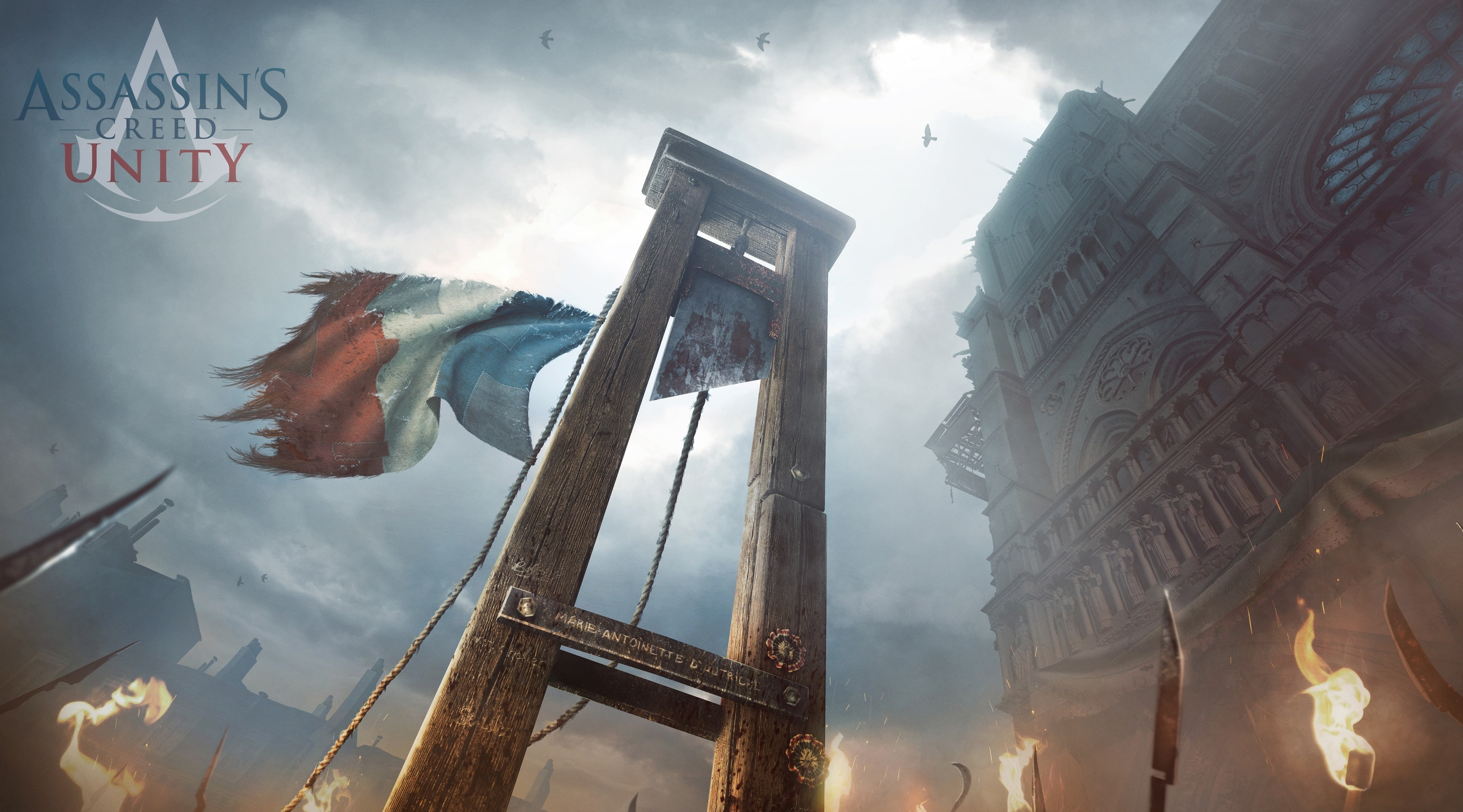 architecture, game, low angle view, nature, cityscape, Games, no people, tower, 4K, guillotine, cloud - sky, creed, day, reflection, Assassins Creed, built structure, HD Wallpaper