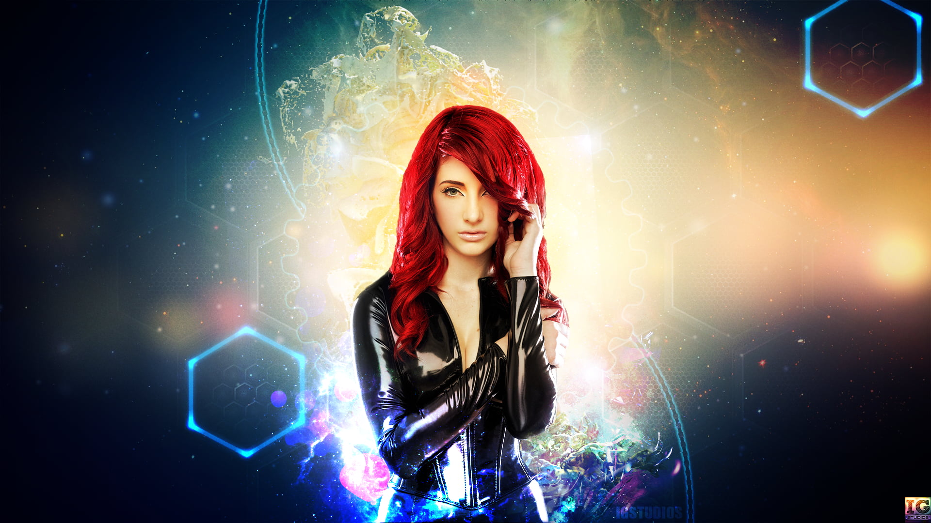 zip, hair, jacket, curly hair, black, digital composite, patent, dyed red hair, night, s, music, space, young adult, leather, adult, digital, beautiful woman, HD Wallpaper