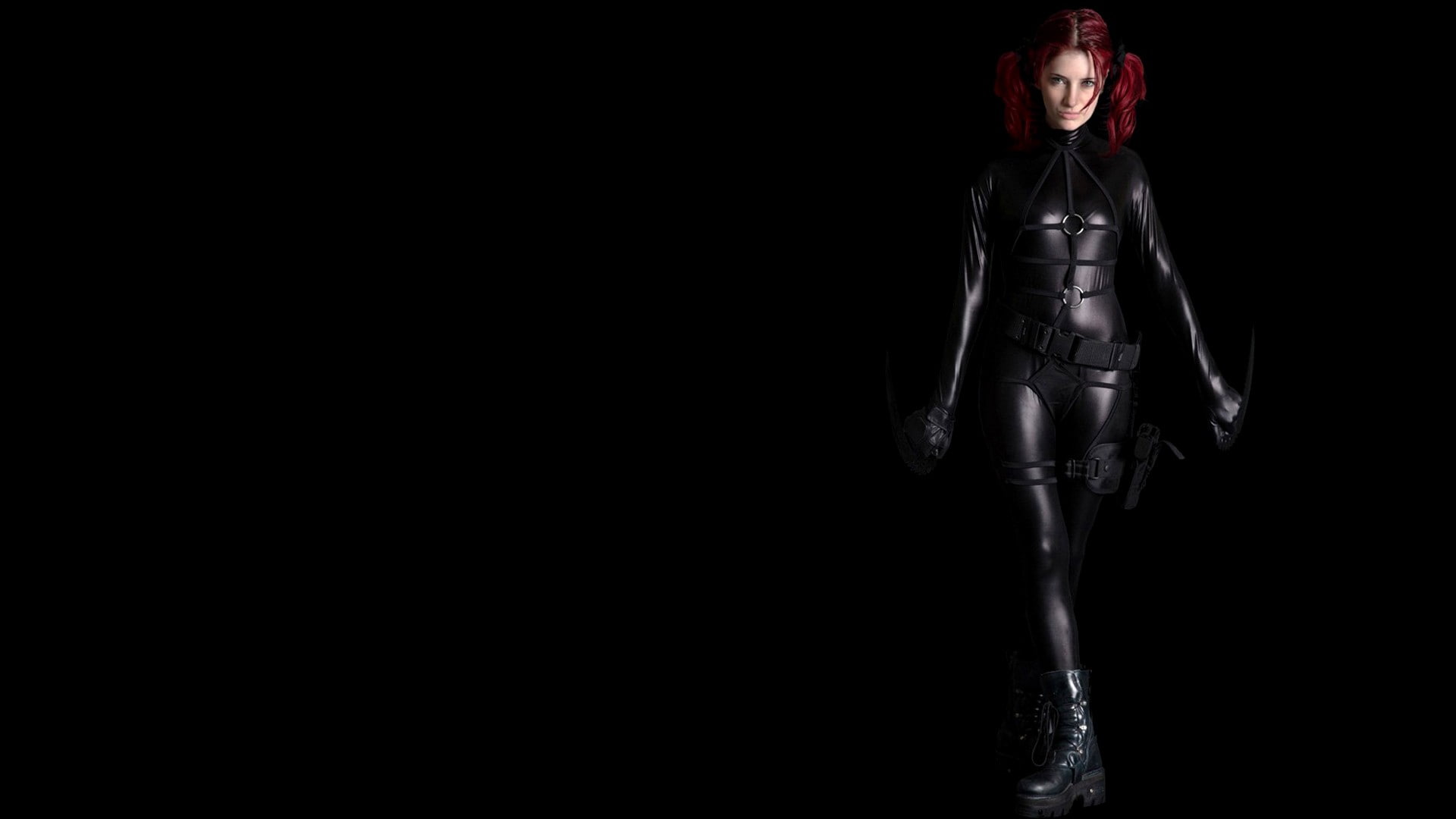 1080P, cosplay, standing, women, redhead, Susan Coffey, black background, twintails, HD Wallpaper