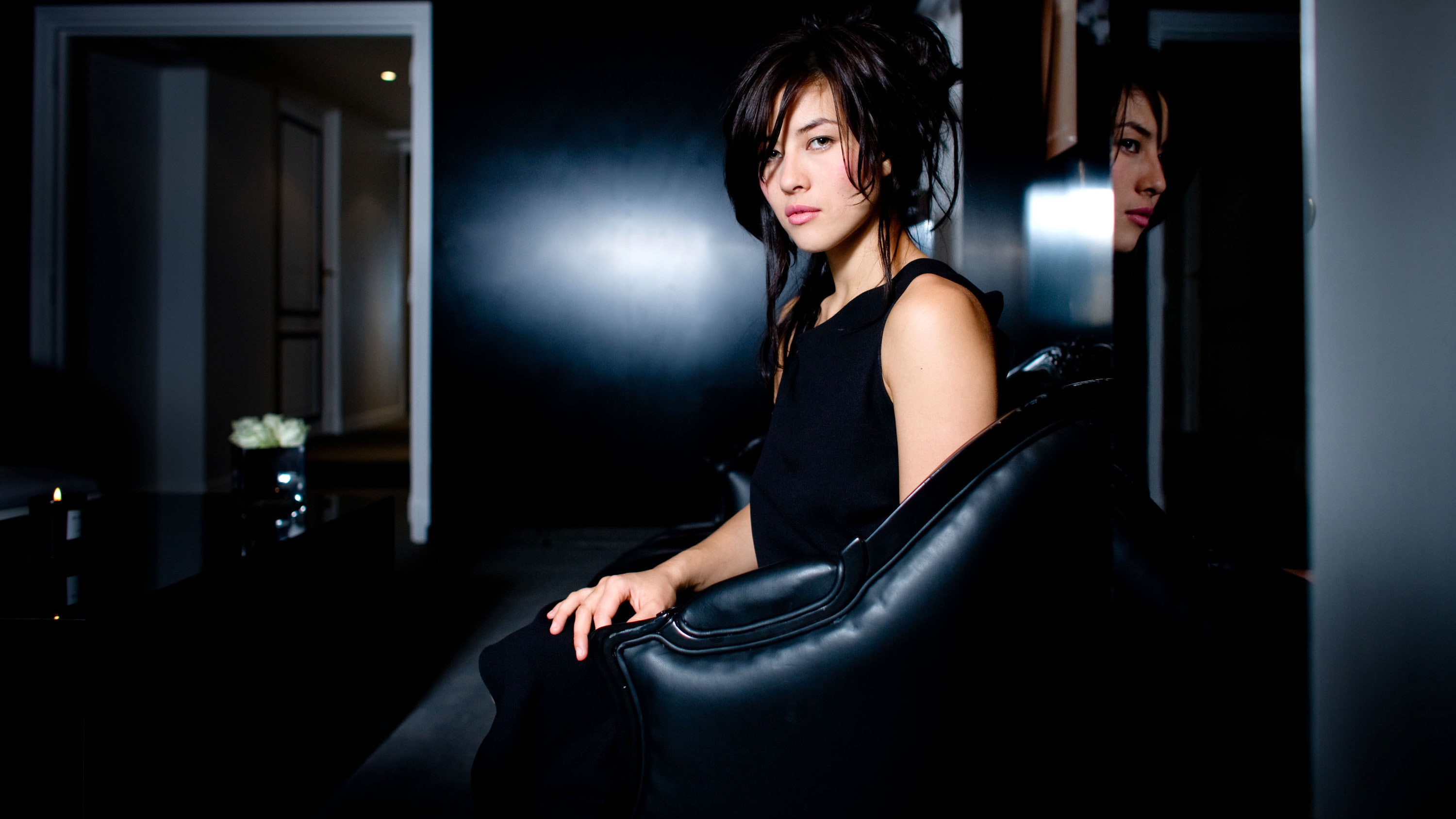 dress, three quarter length, illuminated, night, beautiful woman, black hair, nightlife, sitting, Mylène Jampanoï, adult, black color, brown eyes, clothing, HD Wallpaper