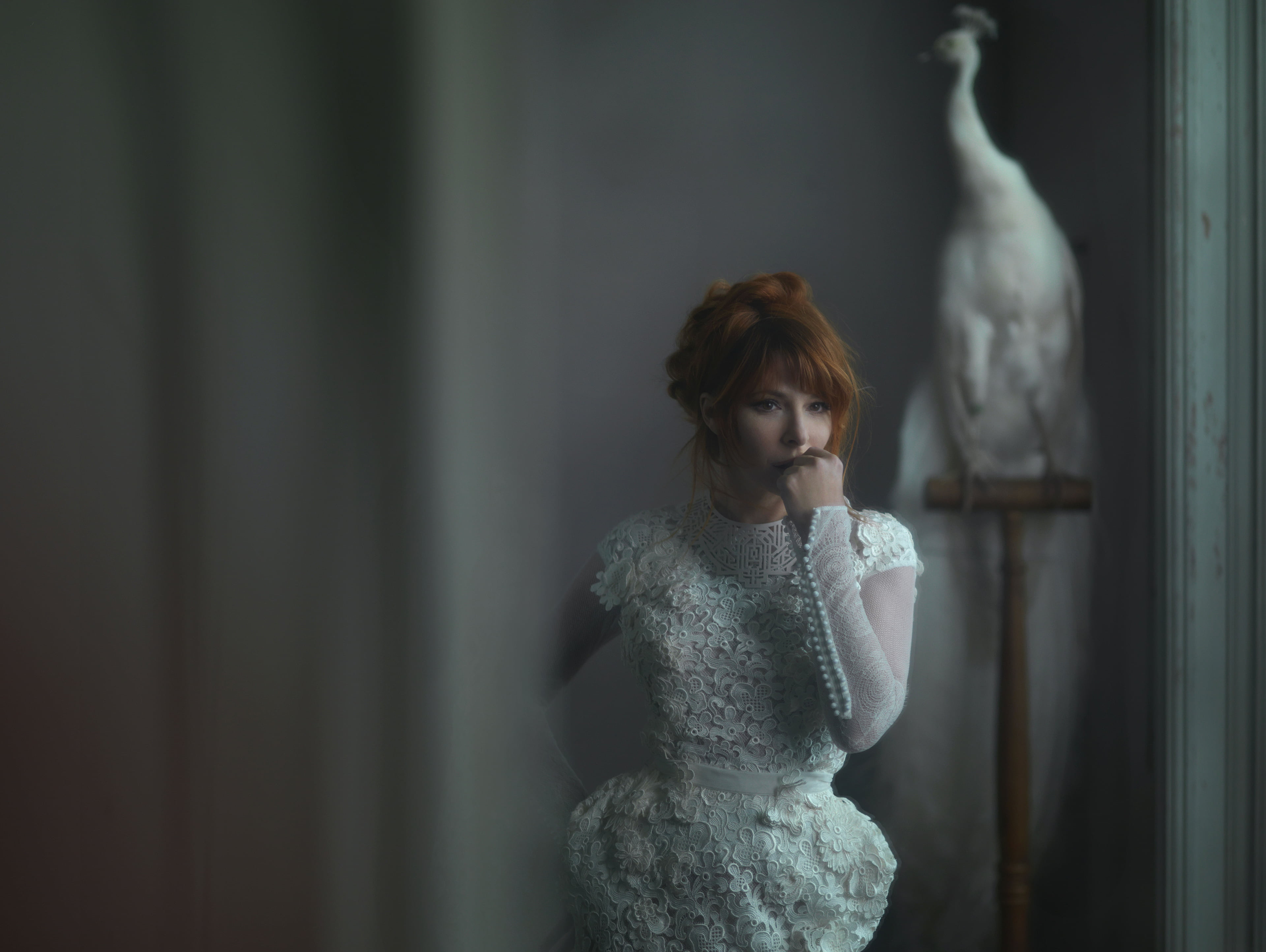 lace, singer, 4K, white dress, redhead, French, Mylène Farmer, HD Wallpaper