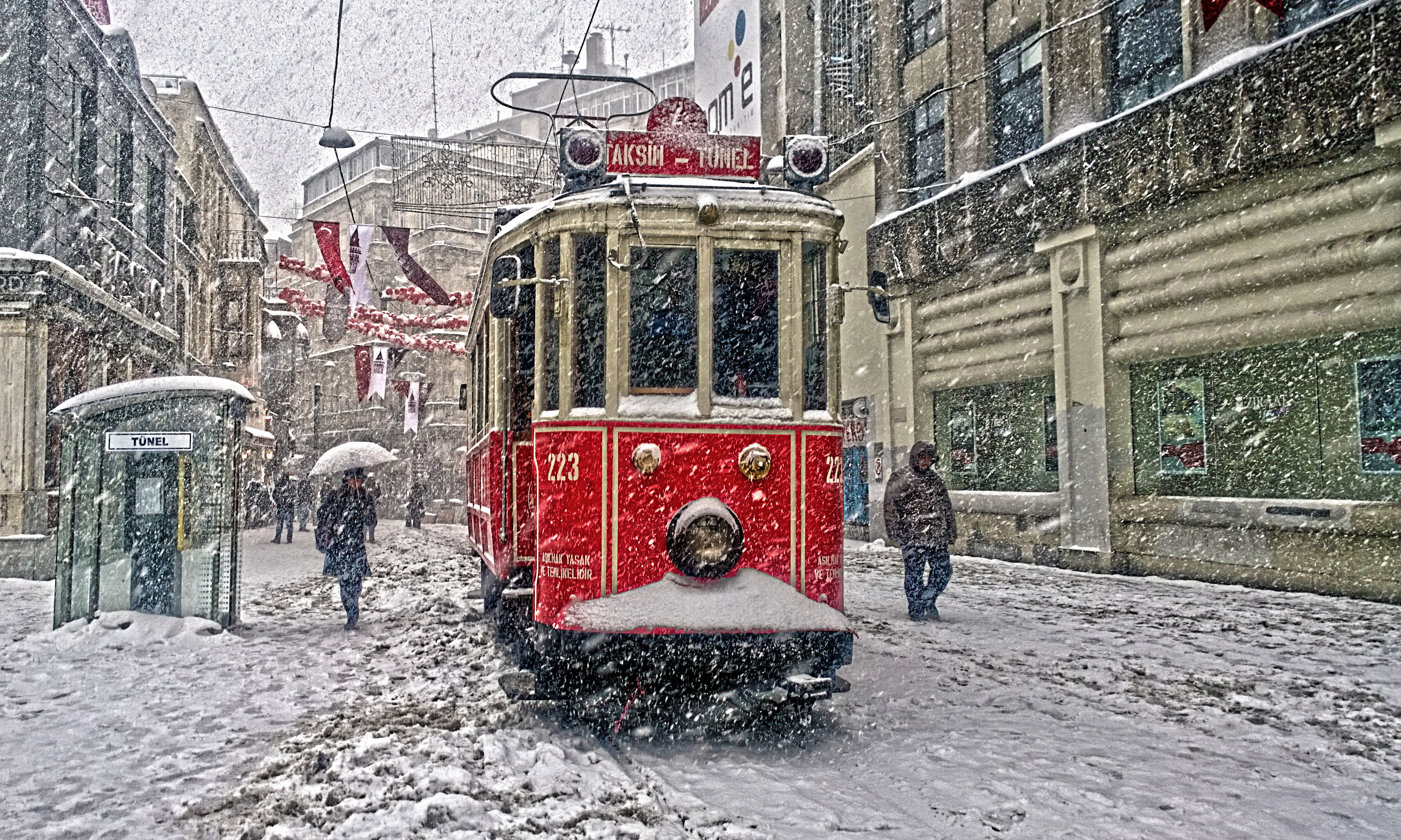 tram, mode of transportation, building exterior, day, people, red, winter, incidental people, street, nature, turkey istanbul taksim, land vehicle, cold temperature, HD Wallpaper