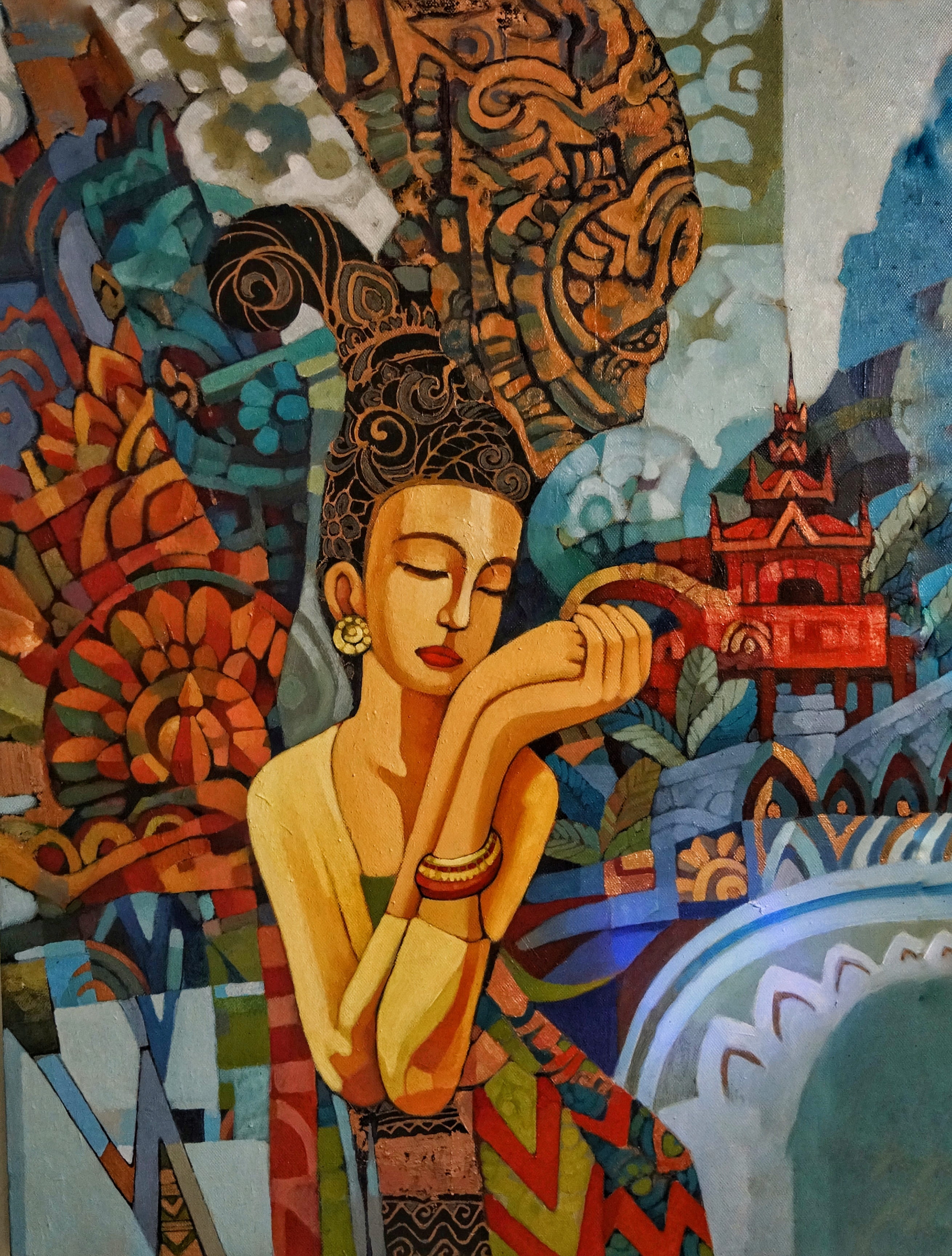 mural, burmese, indoors, multi colored, statue, female, male likeness, lady, 2K, pattern, woman, religion, representation, idol, architecture, belief, Phone HD Wallpaper