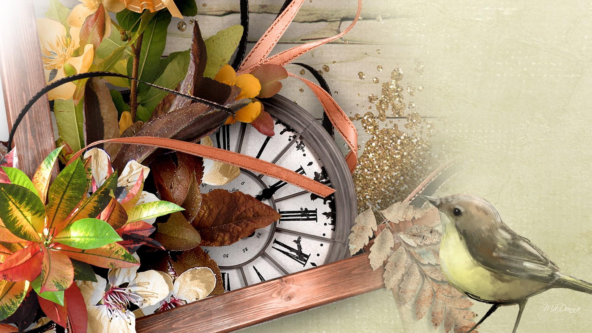 fall, days, 1080P, autumn, bird, abstract, gone, leaves, glitter, 3d and abstract, clock, ribbon, nature, fern, HD Wallpaper