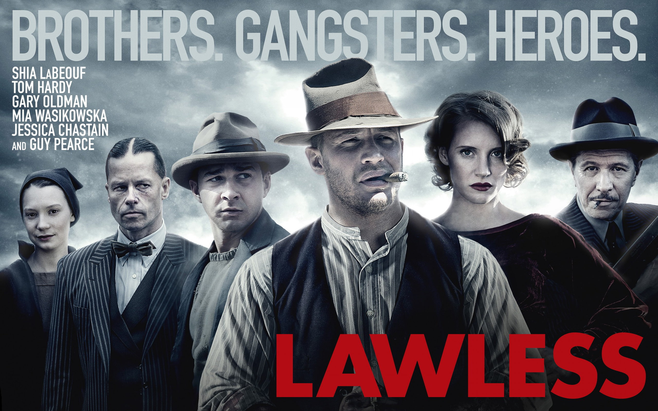 hat, 2K, Jessica Chastain, crime, Gary Oldman, Tom Hardy, The most drunk district in the world, poster, Shia LaBeouf, cigar, Guy Pearce, Lawless, MIA Wasikowska, HD Wallpaper