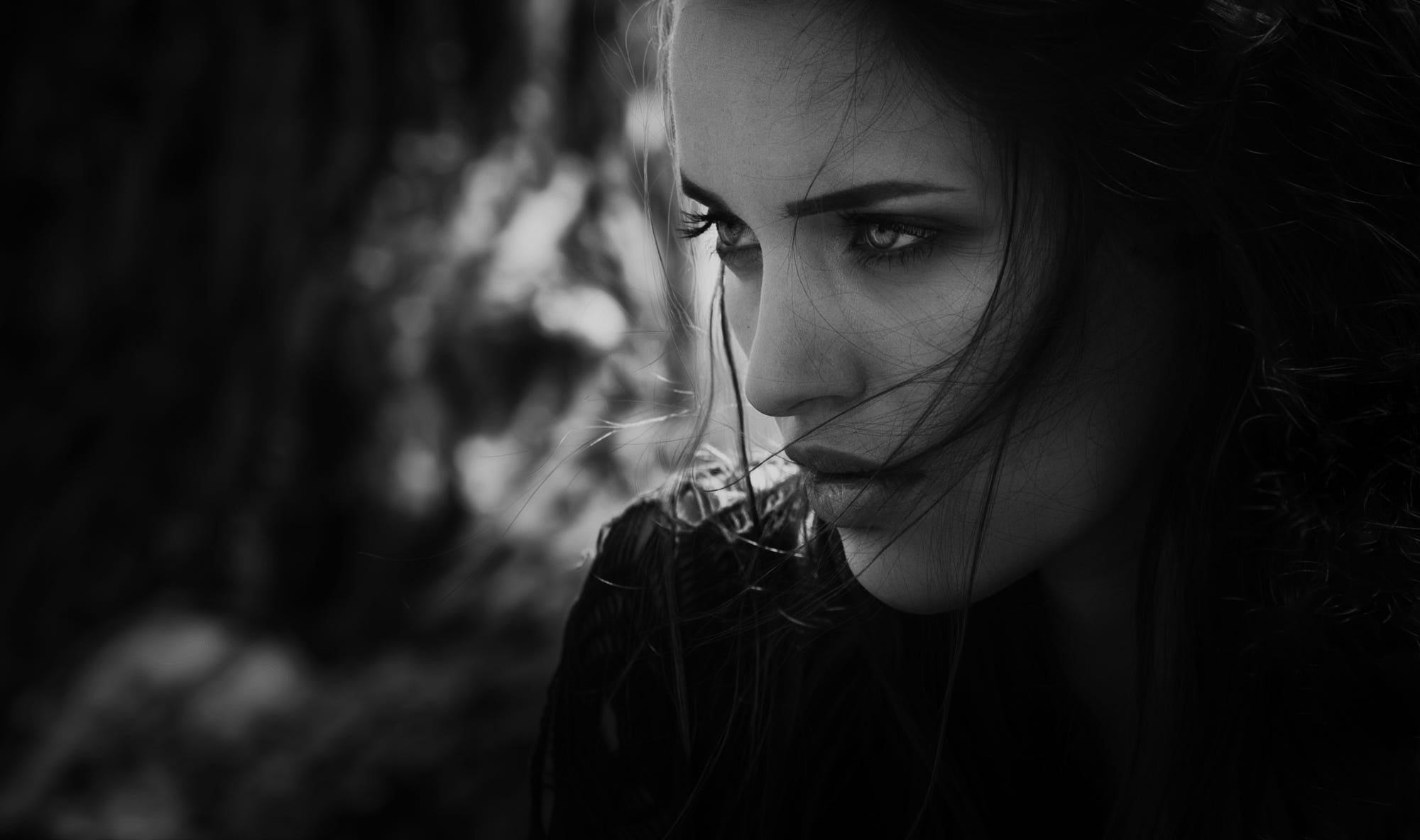 Joachim Bergauer, profile, women, 1080P, monochrome, Veronica Gemini, face, portrait, HD Wallpaper