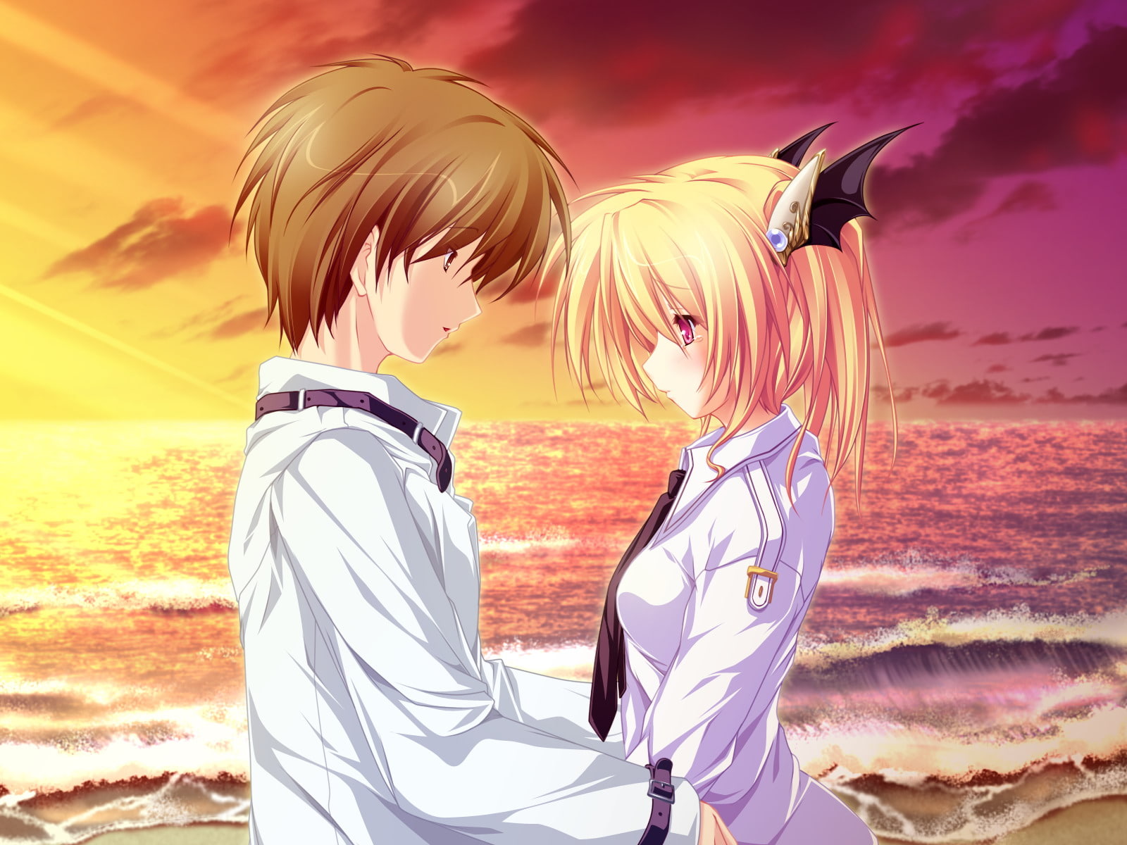 game, nina, tale, eyes, 720P, blonde, red, beach, magus, hair, mood, tenmaso, clouds, seifuku, sky, tears, geminis, HD Wallpaper