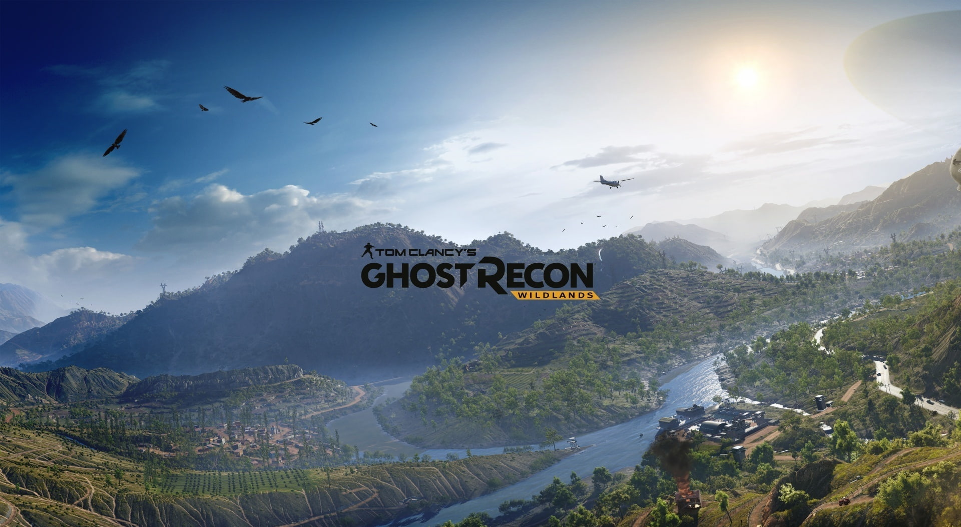 sky, mountain, tranquil scene, beauty in nature, Tom Clancy, scenics - nature, text, flying, ghost recon, vertebrate, lens flare, no people, animal, cloud - sky, HD Wallpaper