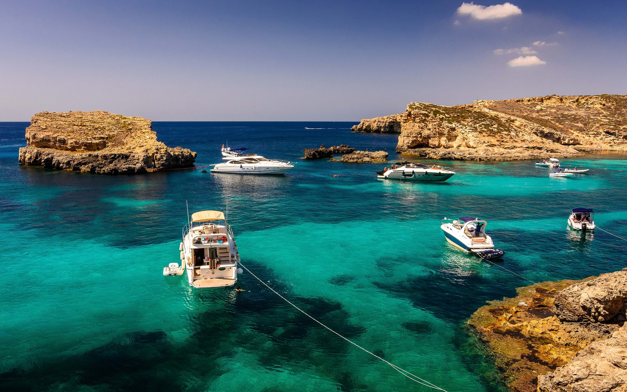 Ocean, Malta, yachts, rocks, 1080P, summer, HD Wallpaper