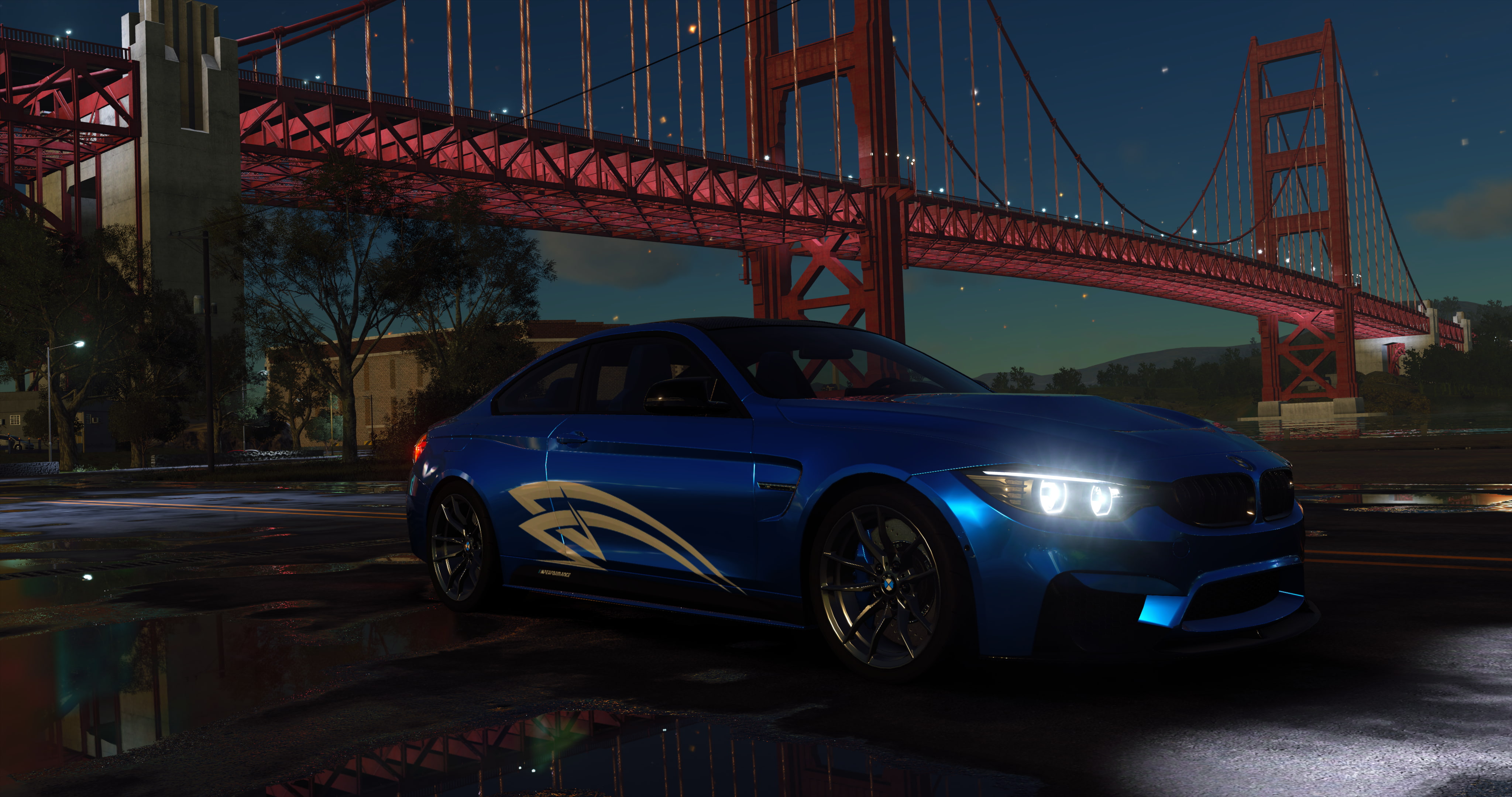 mode of transportation, motor vehicle, bridge, land vehicle, transportation, The Crew Wild Run, illuminated, road, BMW M4, architecture, street, city, The Crew 2, HD Wallpaper