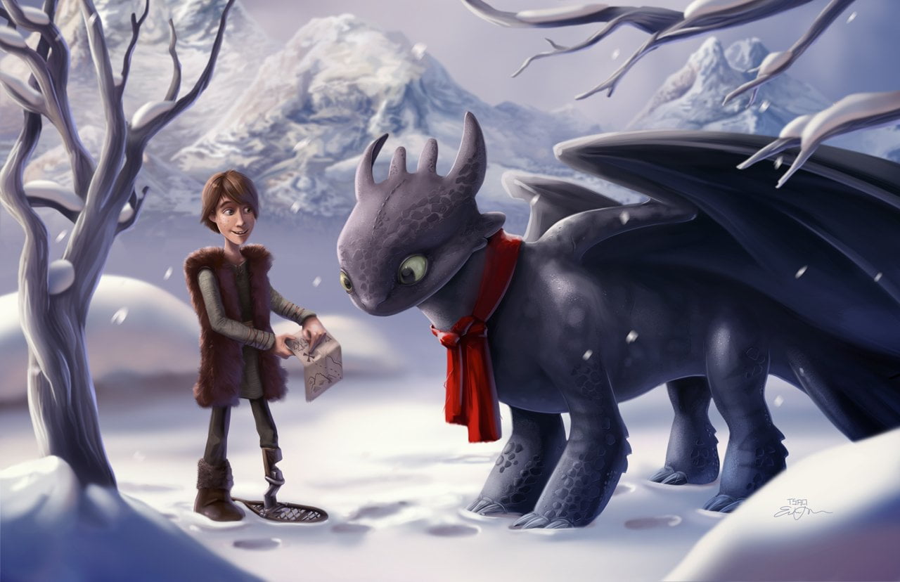 representation, young adult, Winter, tree, warm clothing, women, Toothless (How to Train Your Dragon), How To Train Your Dragon, nature, mammal, one person, HD Wallpaper