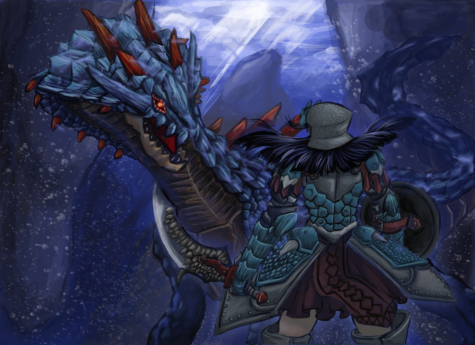 swimming, blue, religion, 720P, low angle view, creativity, no people, representation, statue, water, spirituality, Monster Hunter, craft, sea, HD Wallpaper