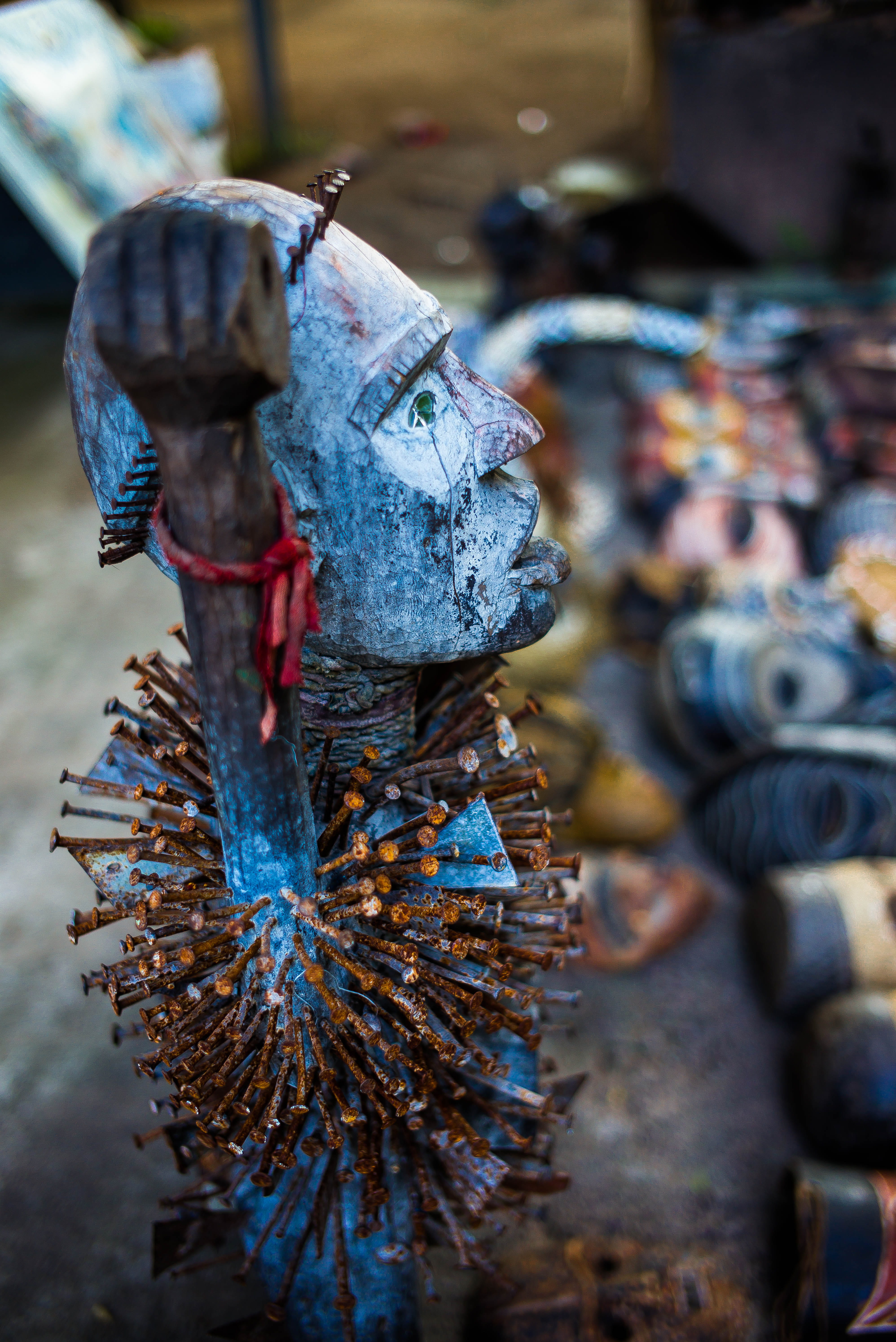 5K, selective focus, spirituality, temple, screen, shrine, building, metal, creativity, craft, outdoors, male likeness, architecture, bead, close-up, art and craft, Phone HD Wallpaper