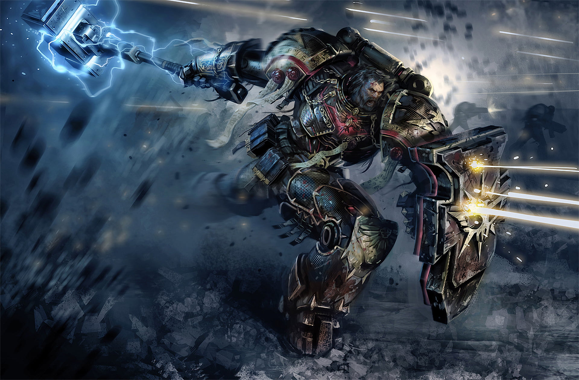 illuminated, arts culture and entertainment, holding, night, 1080P, indoors, smoke - physical structure, blurred motion, futuristic, game, digital, warhammer, HD Wallpaper