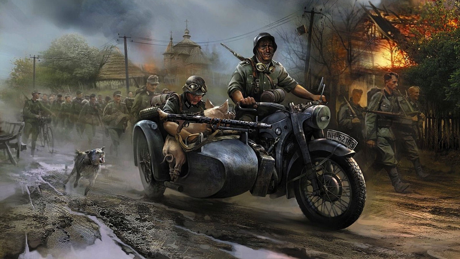 1080P, soldiers, military, destruction, flames, fire, paintings, motorbikes, vehicles, wars, motorcycles, german, artistic, people, HD Wallpaper