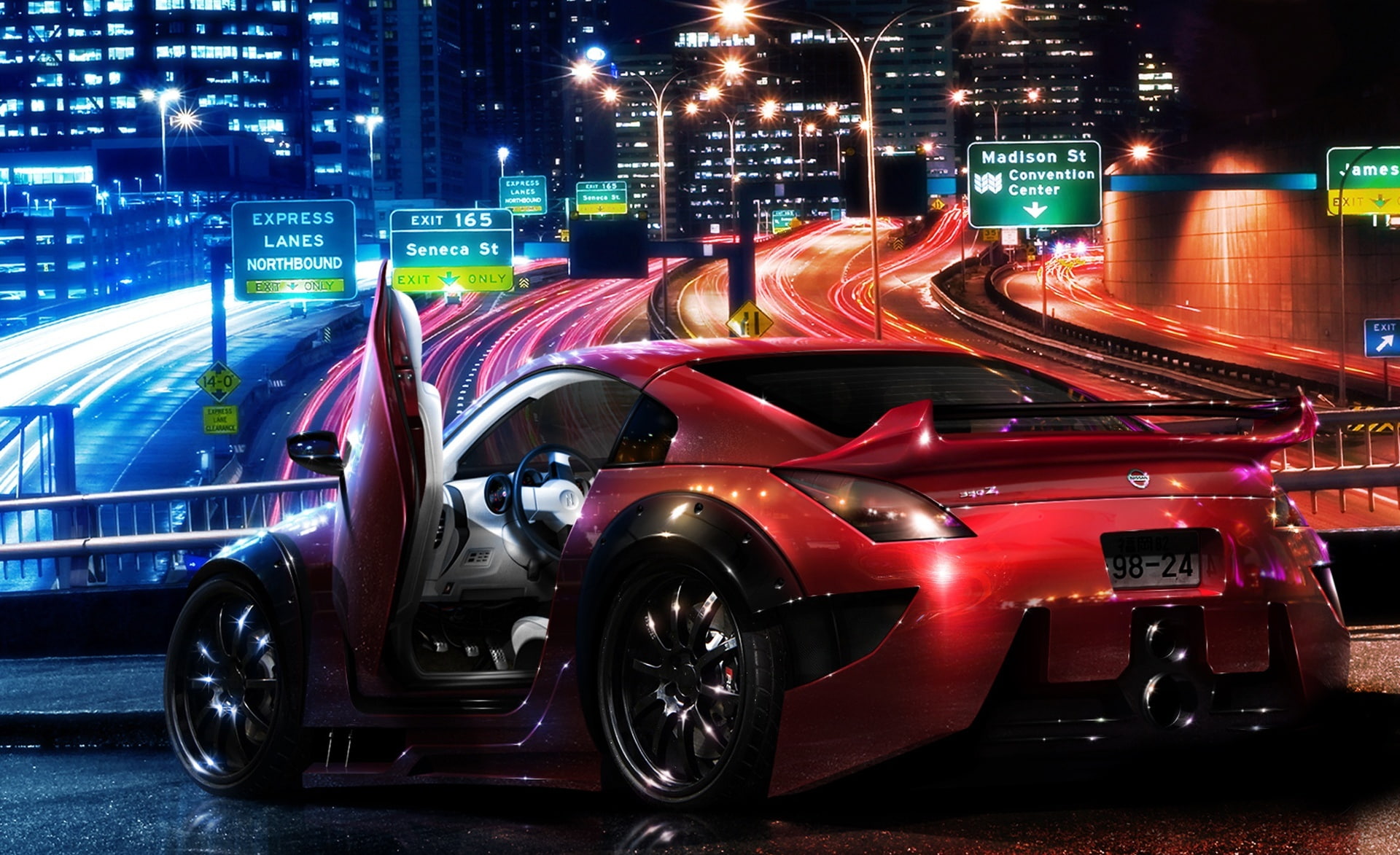 transportation, road, no people, illuminated, motion, mode of transportation, Cars, Nissan, blurred motion, street, z, land vehicle, city, built structure, HD Wallpaper