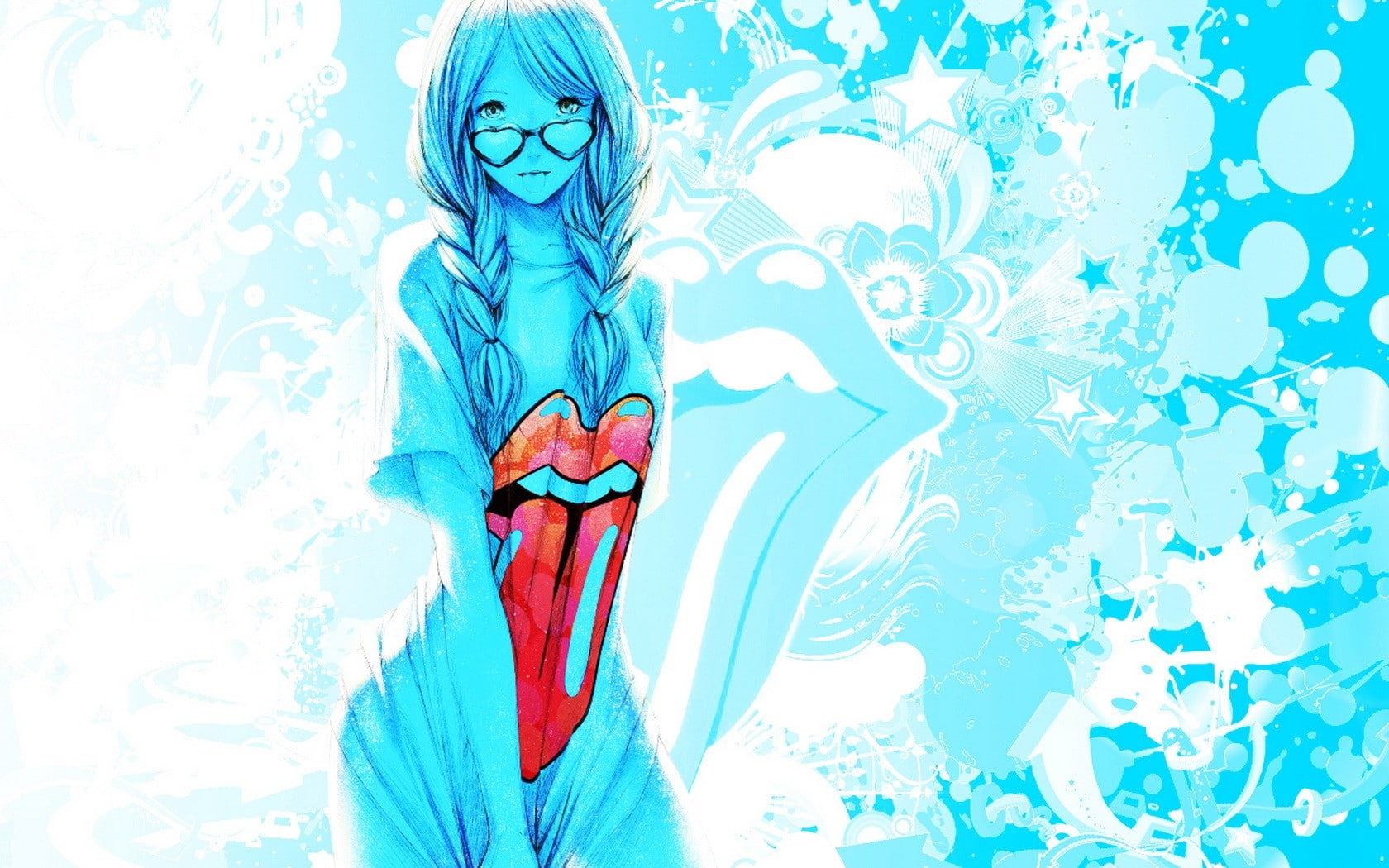 eyes, art, hd, mouth, women, Abstract, lips, glasses, long, stars, tongue, anime, hair, rolling, hot, ts, 720P, blue, stones, HD Wallpaper