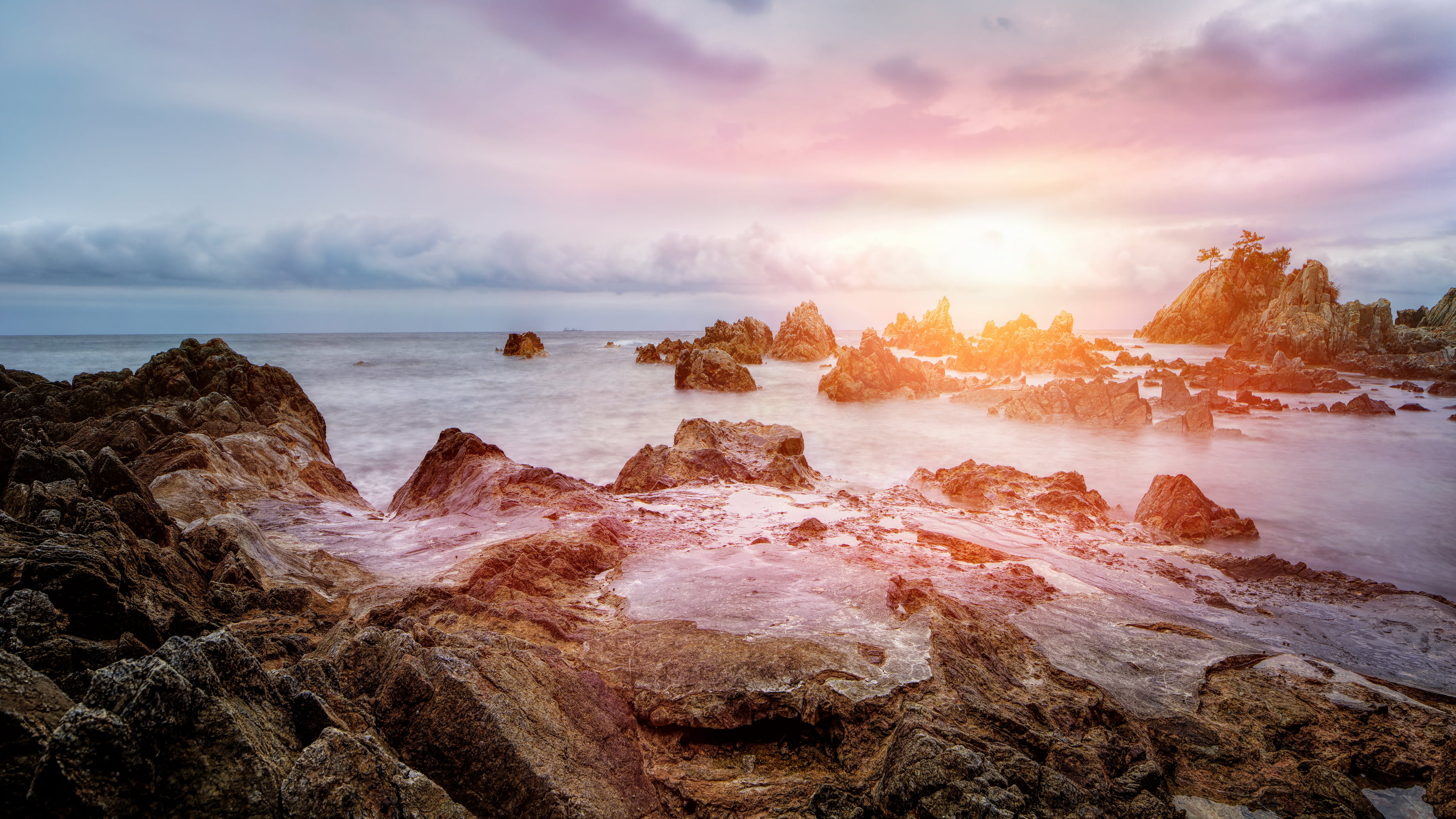 rock formation, landscape, outdoors, sunrise - Dawn, cliff, coastline, sun rise, sunset, rock, scenics, sky, TS, Sea, formation, sun, Enchanted, rock - Object, HD Wallpaper