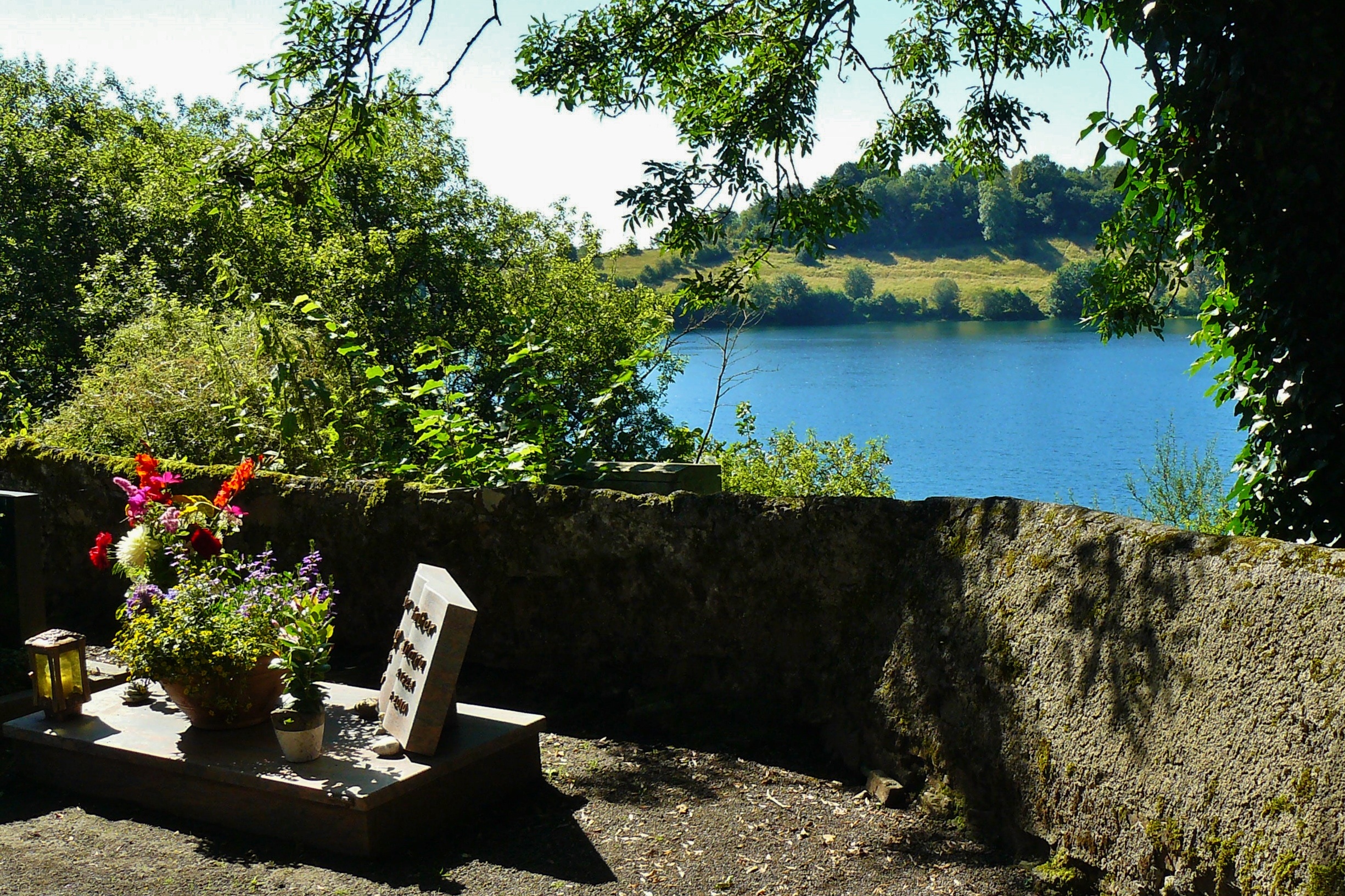 outdoors, flowers, peaceful, beautiful, tomb, silent, trees, flowering plant, flower, day, graves, last calm, lake, idyllic, sunlight, waters, water, non-urban scene, HD Wallpaper