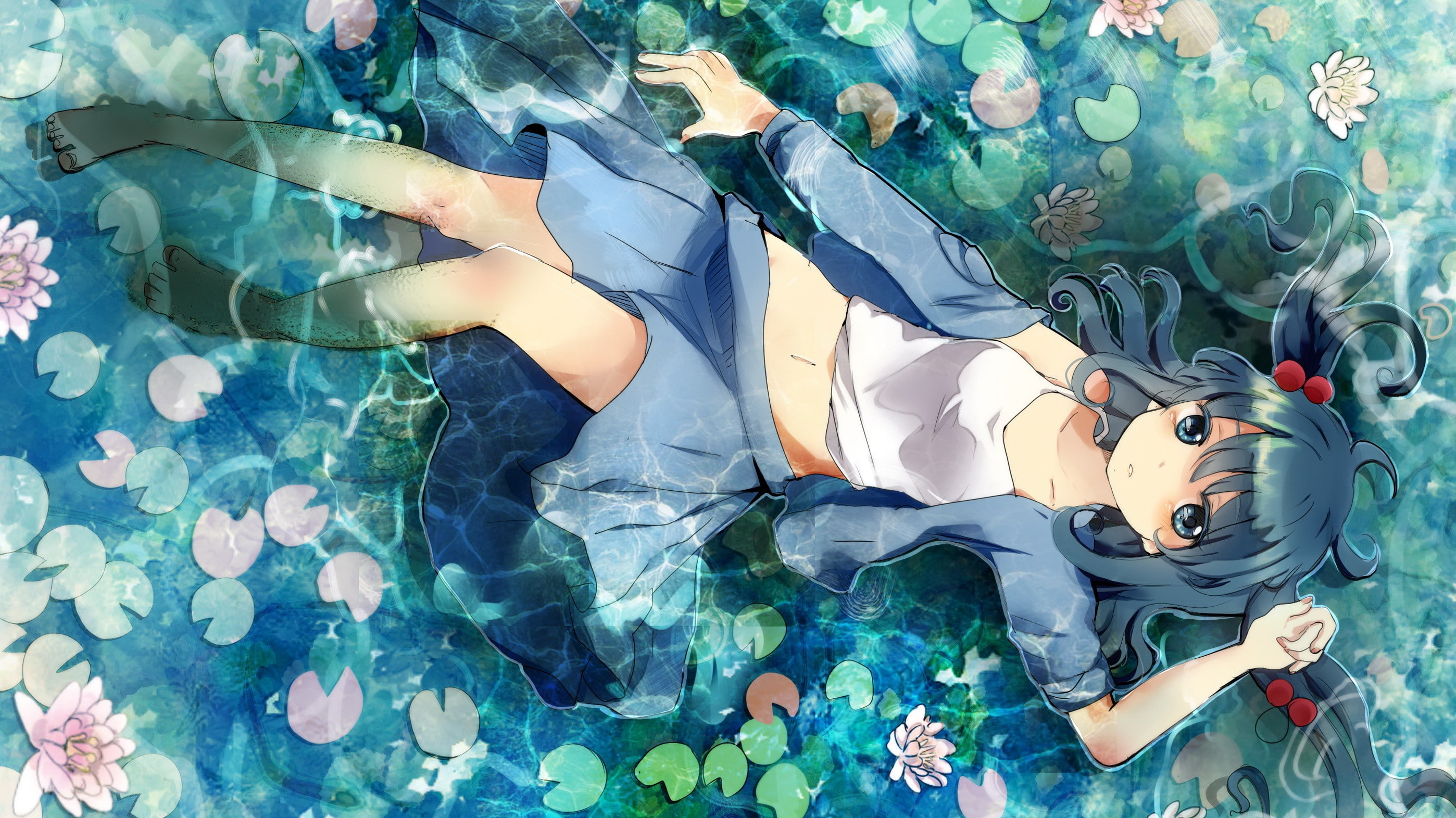 flowers, ornaments, eyes, barefoot, lily, touhou, clothes, kawashiro, pads, kappa, tops, open, blue, navel, twintails, hair, skirts, tank, water, lying, HD Wallpaper