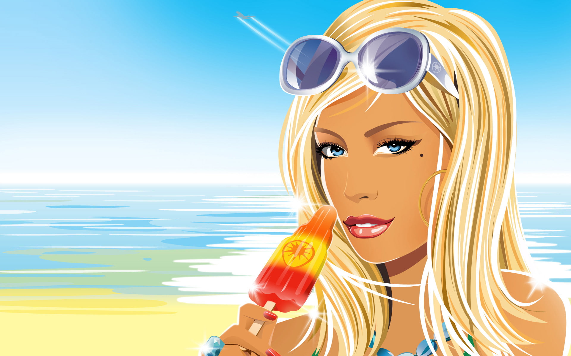 Vector graphics, blue, px, x, sunglasses, women, bare shoulders, mountains, face, art, beach, hair, Blue Eyes, digital art, blonde, bare, long hair, long, HD Wallpaper