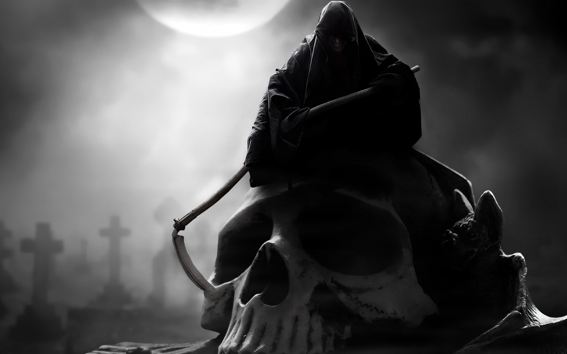 Grave, scythe, smiling, digital art, creature, Coats, grim reaper, skull, drawing, 1080P, cross, artwork, HD Wallpaper