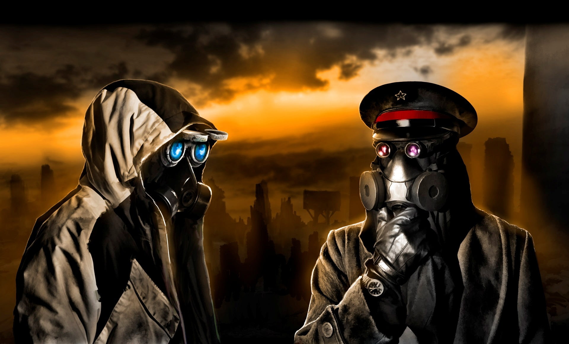 Dark, Heroes, headwear, protection, helmet, men, safety, comics, 1080P, protective workwear, robot, people, sky, war, gas mask, technology, Futuristic, HD Wallpaper
