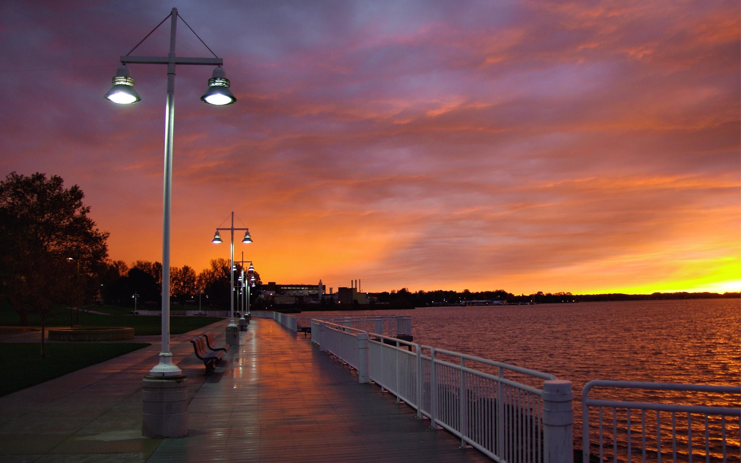 sunset, pictures, embankment, city, evening, background, 2K, cities, HD Wallpaper