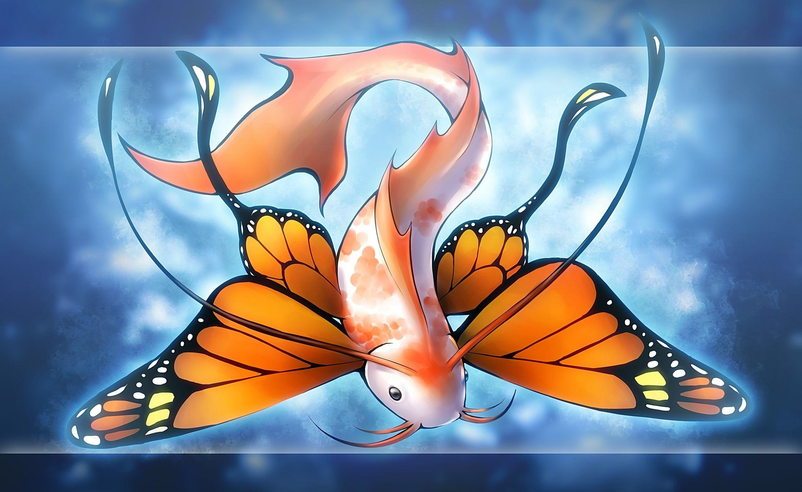  artistic, 2K, koi, butterfly, orange, 3d and abstract, wing, animal, fish, white, oriental, HD Wallpaper