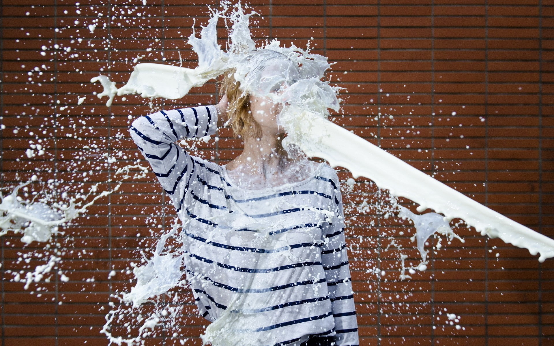 built structure, lifestyles, brick, arms raised, one person, architecture, women, milk, leisure activity, white color, brick wall, nature, splashing, young adult, HD Wallpaper