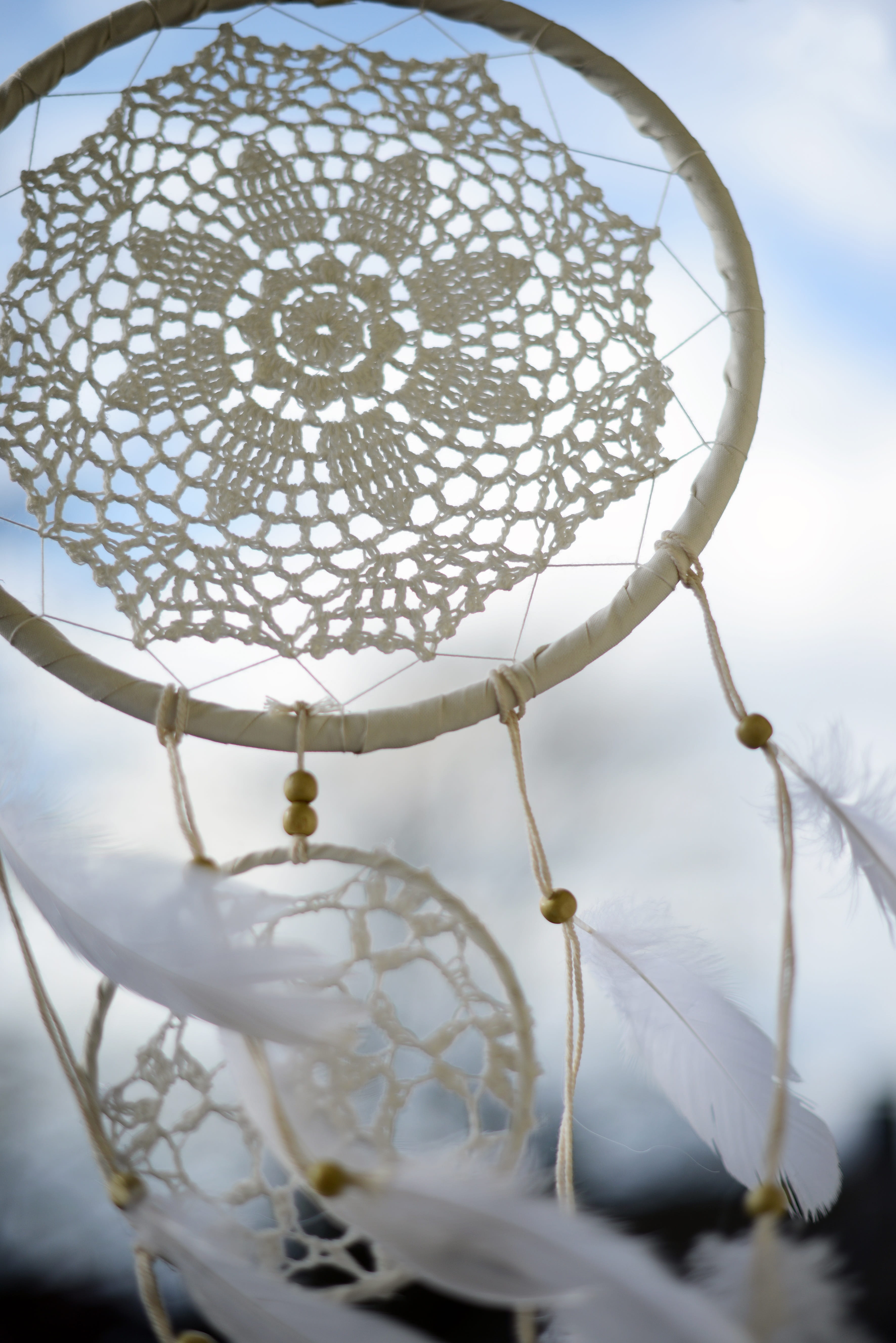 nature, close-up, metal, culture, spring jewelry, geometric shape, dreamcatcher, indian, day, 5K, sky, religious equipment, magic, decoration, focus on foreground, Phone HD Wallpaper