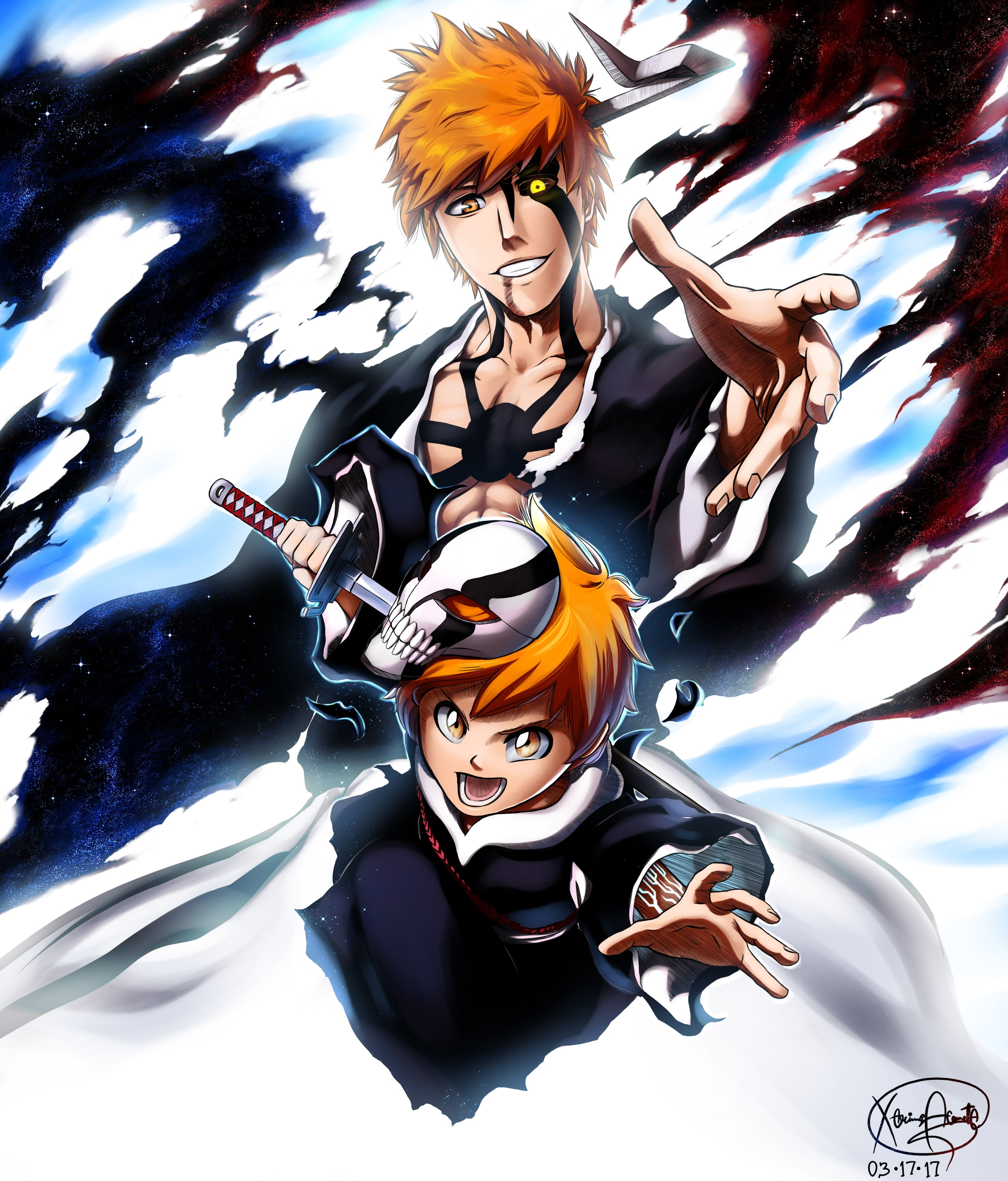 nature, lifestyles, day, low angle view, Anime, kurosaki ichigo, craft, representation, art and craft, sword, kurosaki kazui, religion, creativity, male likeness, Phone HD Wallpaper
