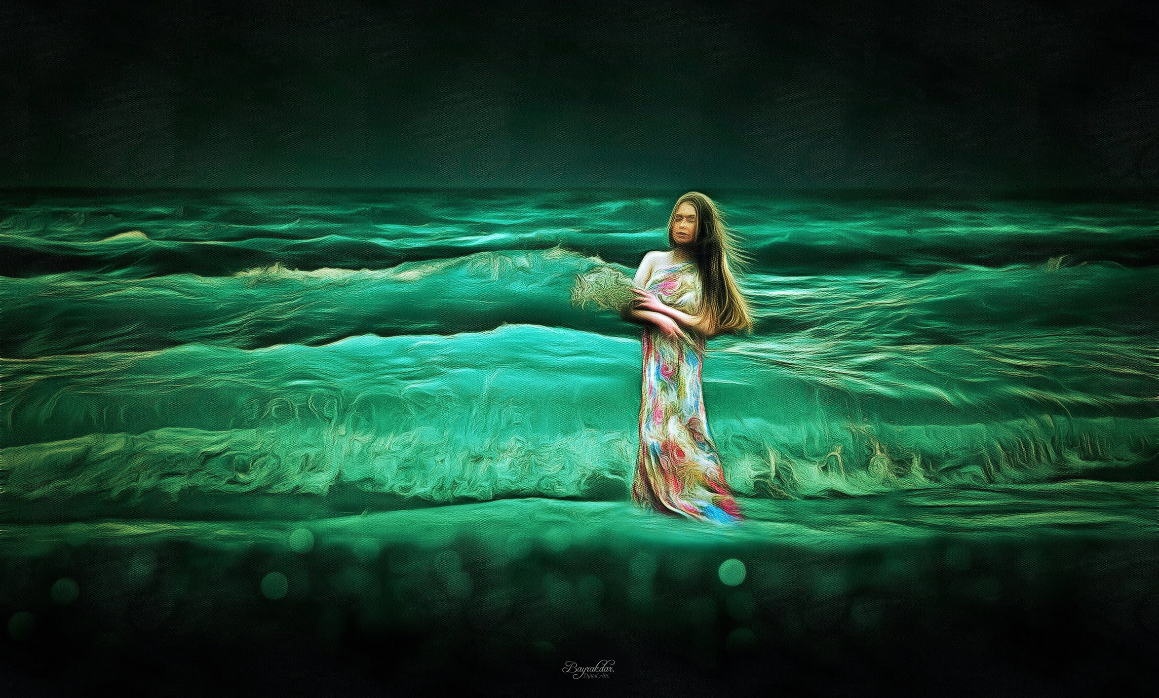 adult, dress, long hair, dreamlike, mystery, water, dark, ethereal, young adult, floating on water, 1080P, one person, swimming pool, tranquility, beauty, HD Wallpaper