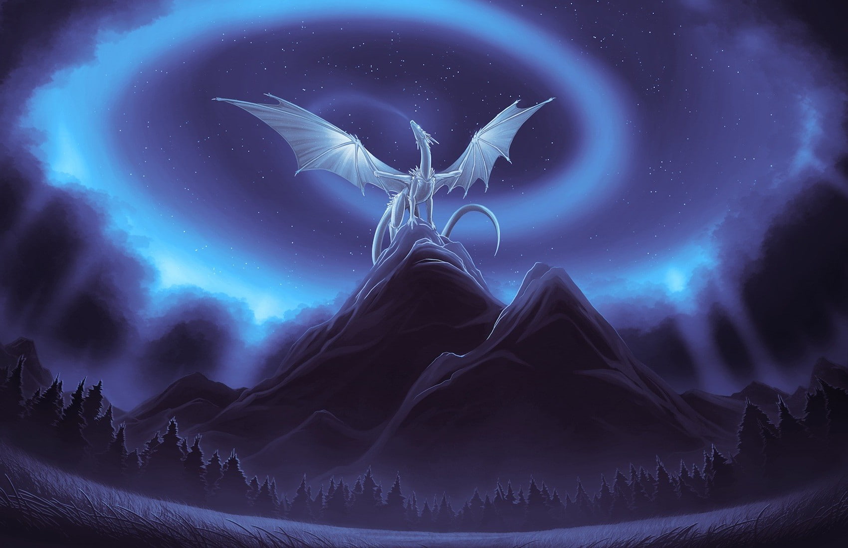 night, environment, creativity, star shape, dragon fantasy art, scenics - nature, mountain, astronomy, nature, landscape, dark, power in nature, star - space, HD Wallpaper