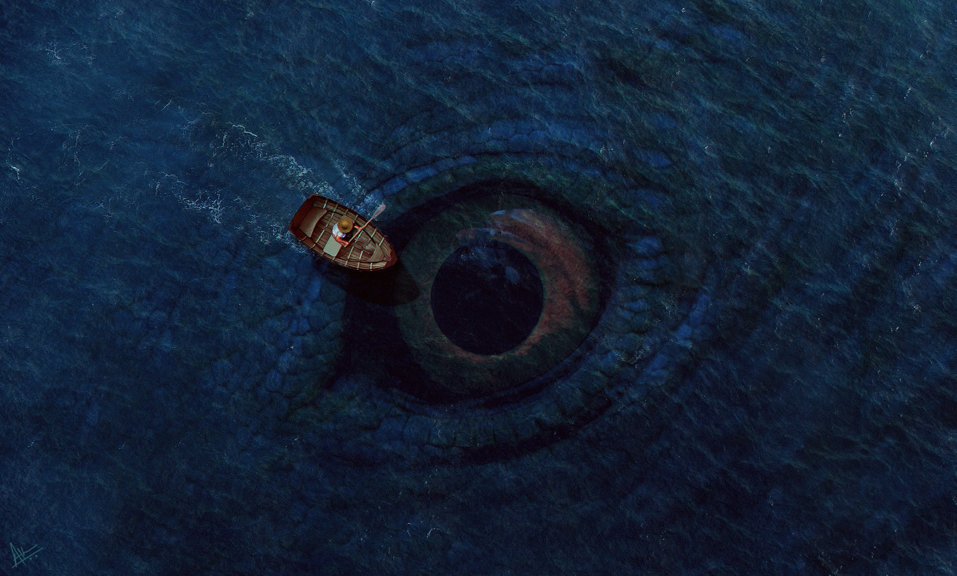 Eye, Creature, Fantasy, Sea, Sea Monster, Boat, 1080P, HD Wallpaper