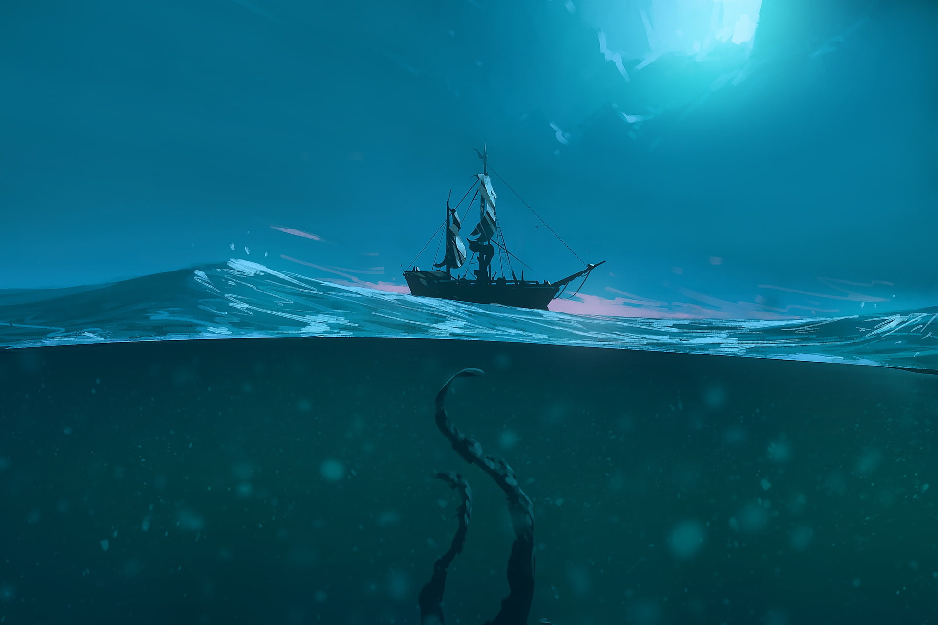 Sea Monster, Fantasy, Boat, 1080P, Ocean, HD Wallpaper