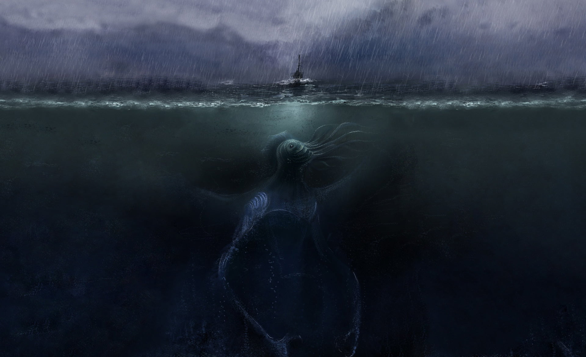 scenics, beauty In Nature, no People, Cthulhu, blue, horror, women, landscape, bizarre, mystery, boat, nature, motion, monster, people, pacific Ocean, HD Wallpaper