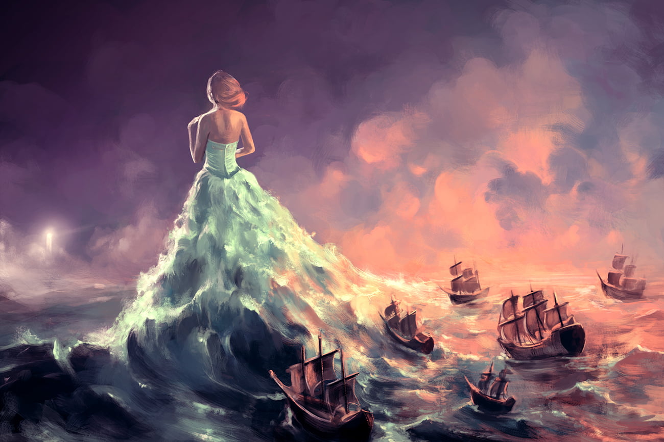 women, waves, young adult, representation, beautiful woman, clothing, beauty, dress, full length, water, painting, boat, standing, 720P, nature, sea, digital composite, HD Wallpaper