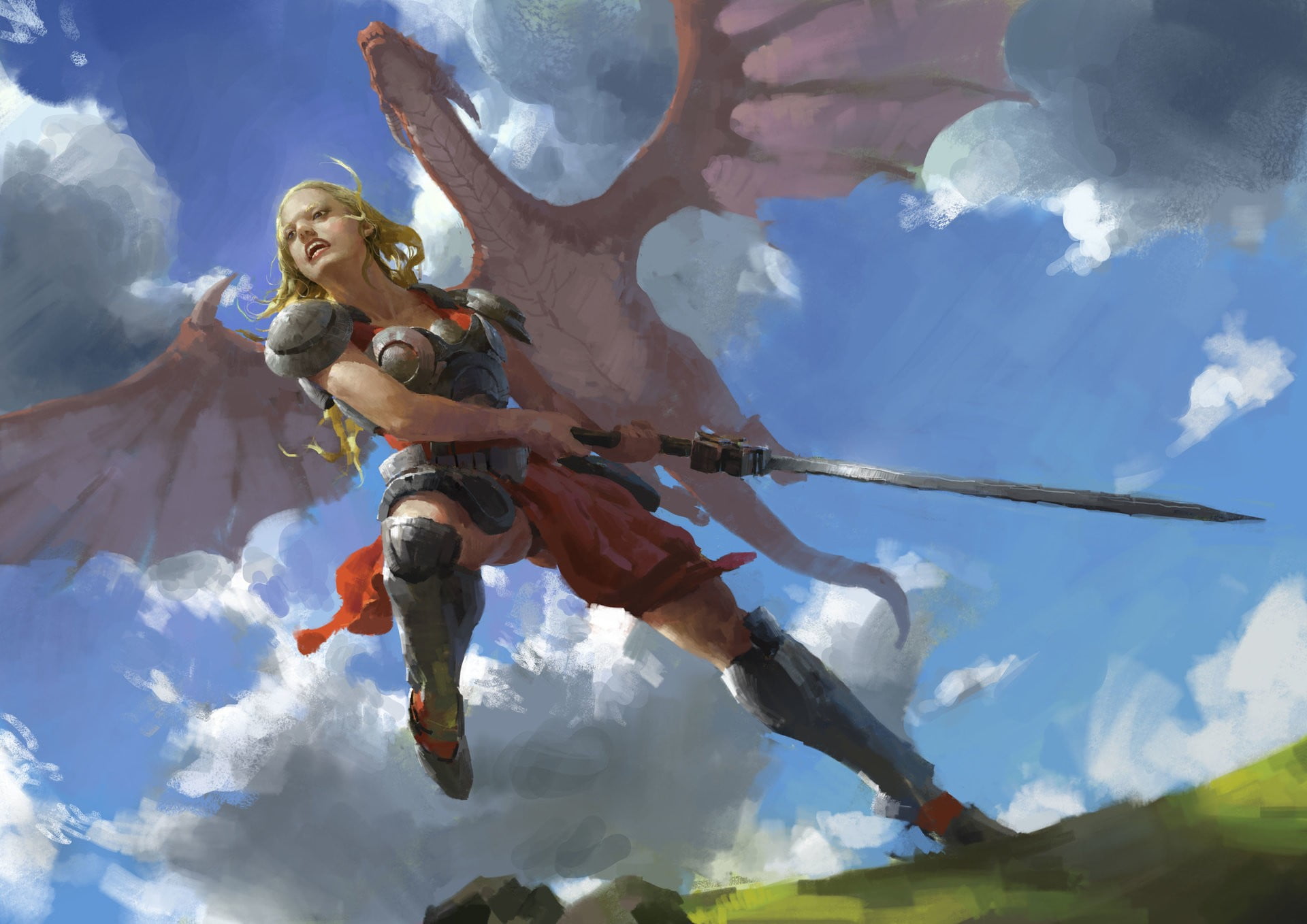 representation, day, outdoors, armor, low angle view, sword, cloud - sky, sunlight, religion, mountain, holding, woman, painting, human representation, HD Wallpaper