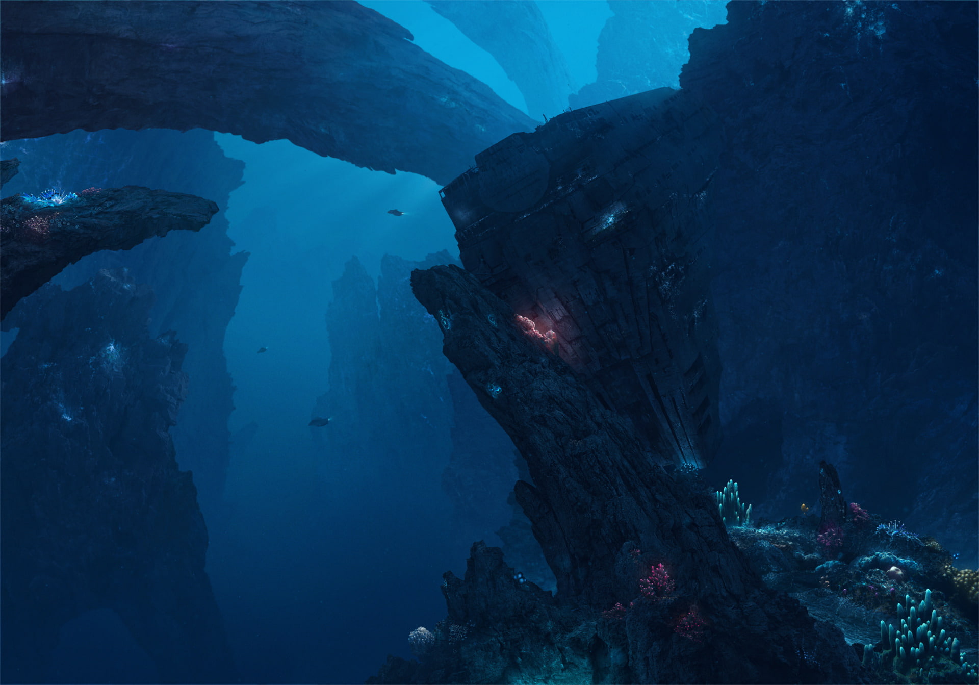 day, rock formation, water, blue, nature, depth, undersea, marine, 1080P, beauty in nature, solid, structure, scenics - nature, no people, rock, HD Wallpaper