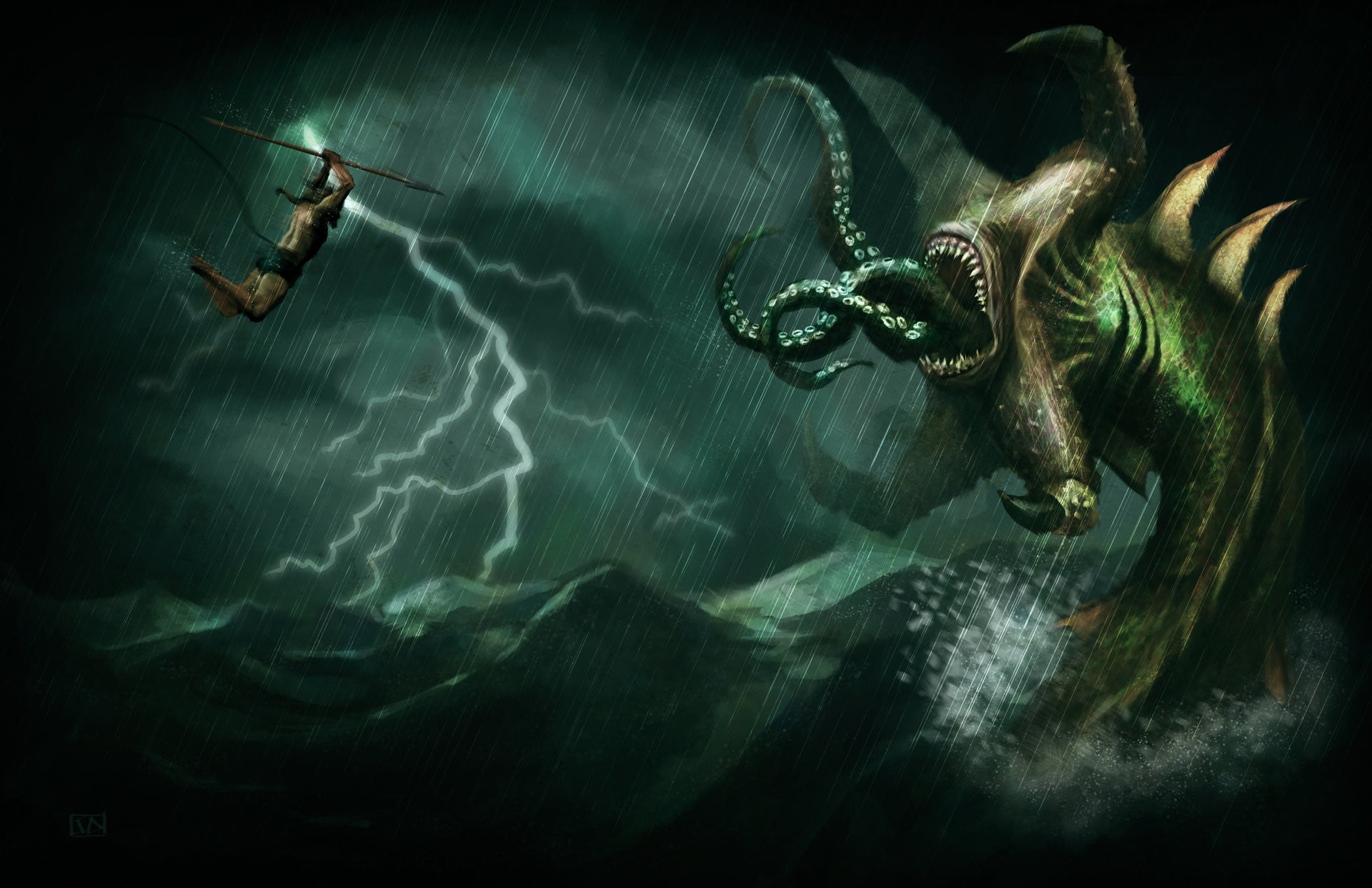 full length, fangs, jumping, fear, spear, underwater, storm, digital art, 1080P, sea, one animal, creature, men, nature, waves, octopus, art and craft, HD Wallpaper