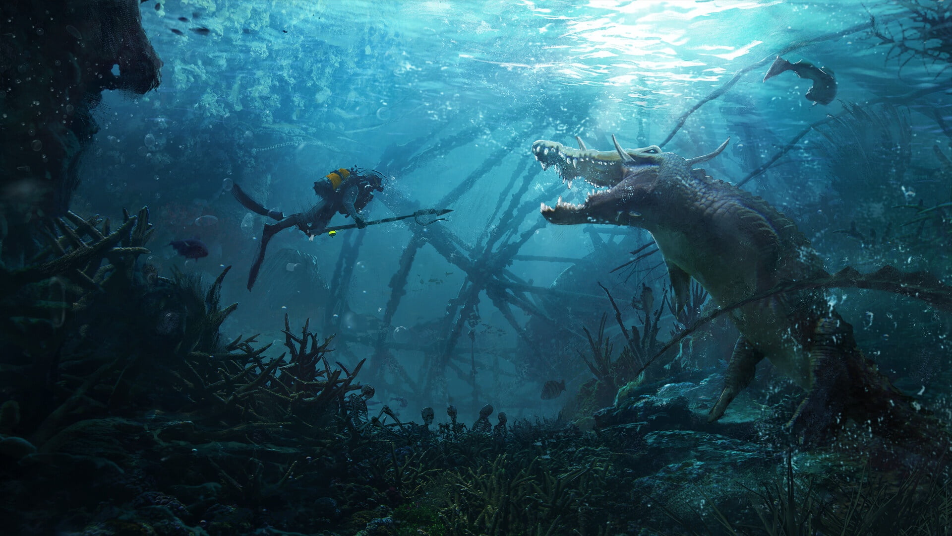 Sea Monster, 1080P, Crocodile, Fantasy, Underwater, HD Wallpaper