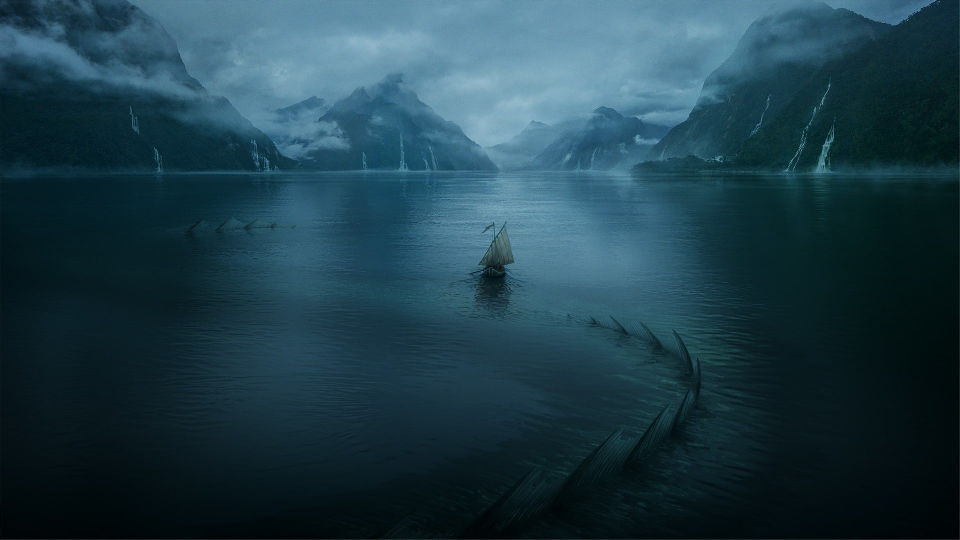 ship, mountains, digital art, mist, 1080P, sea monsters, lake, HD Wallpaper