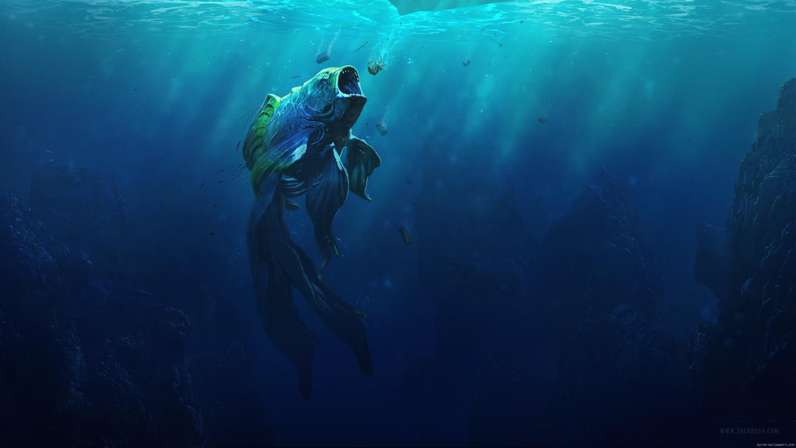 graphic, water, 2K, animal, sea, eating, monster, fish, yellow, blue, HD Wallpaper