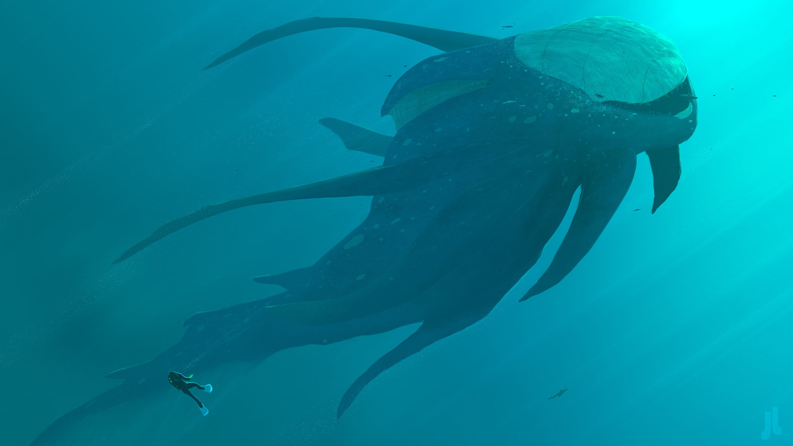 sea monsters, sea, blue, 2K, divers, underwater, HD Wallpaper