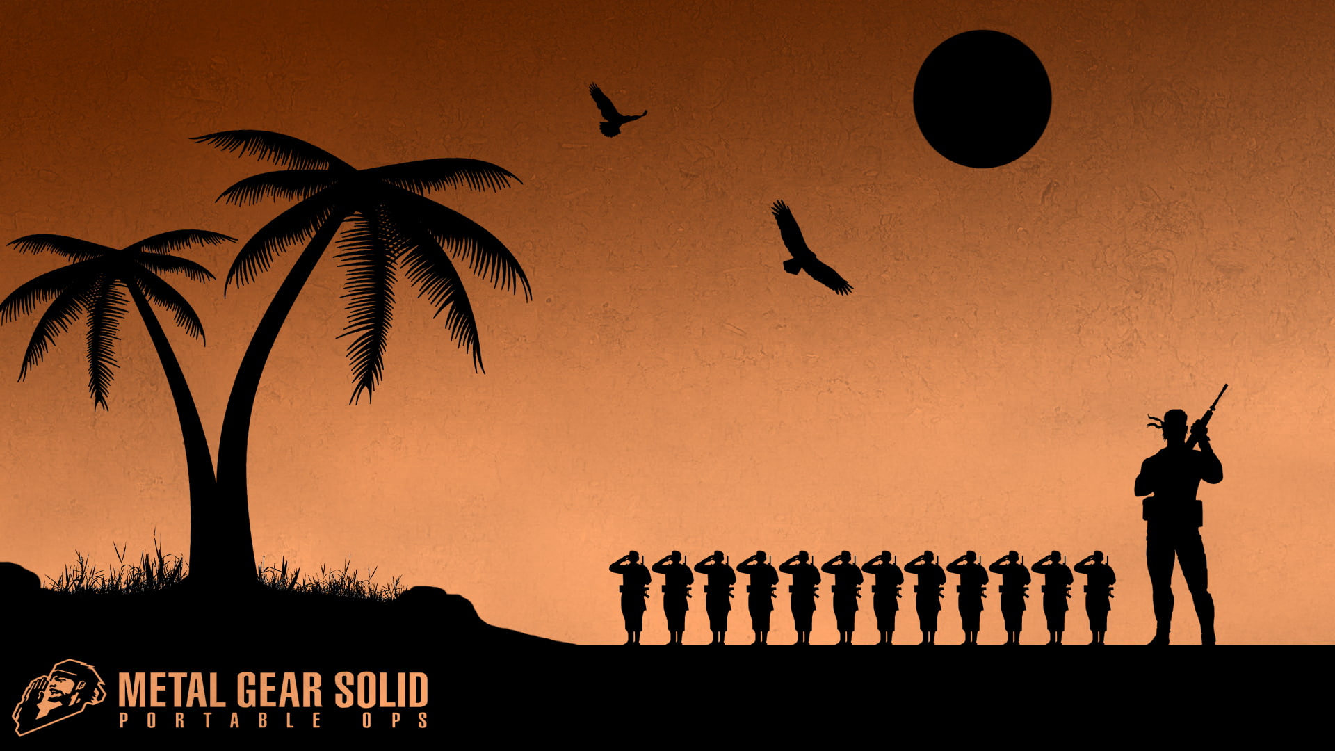 real people, orange color, flock of birds, land, video games, 1080P, Metal Gear, outdoors, group of animals, sky, palm tree, standing, silhouette, nature, HD Wallpaper