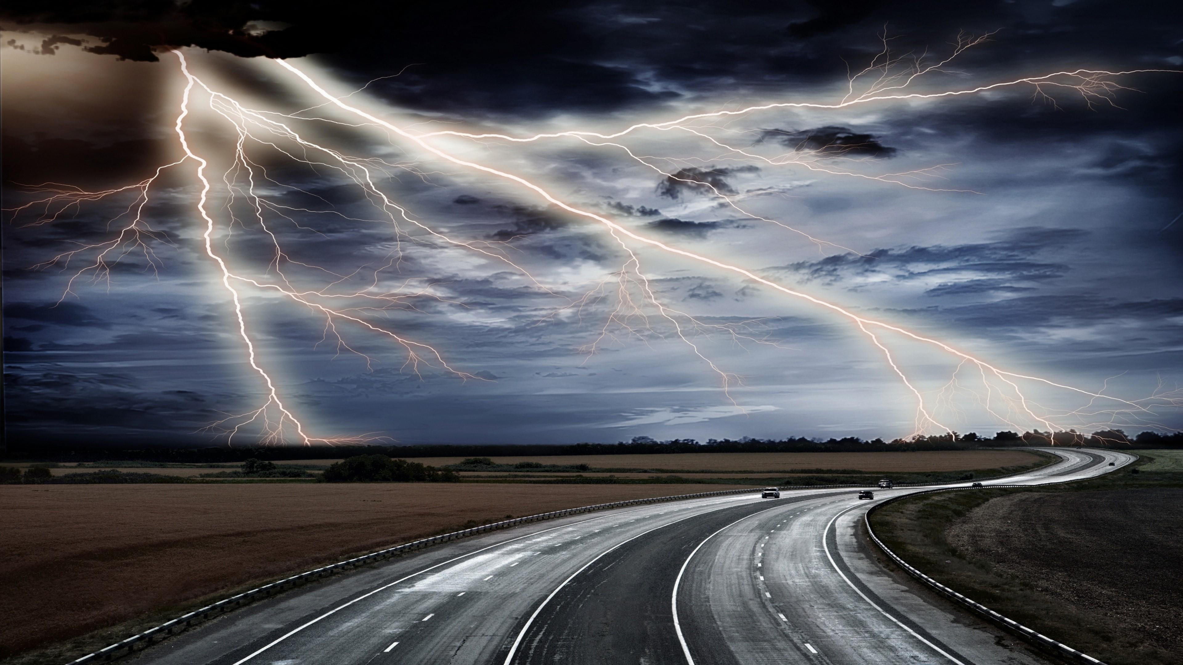 way, weather, storm, road, field, lightning, 4K, elements, highway, asphalt, HD Wallpaper