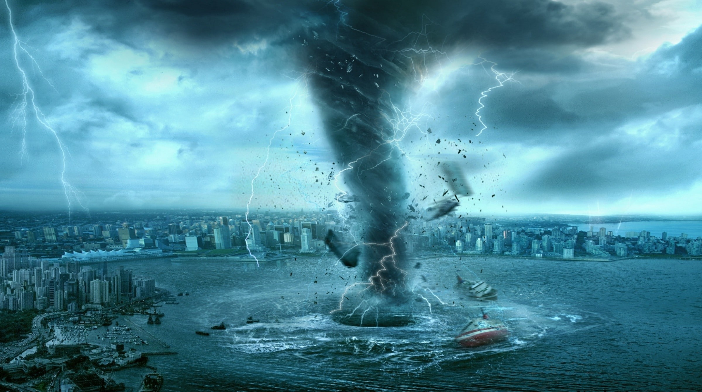 apocalyptic, boat, digital art, sea, tornado, cityscape, 1080P, storm, HD Wallpaper