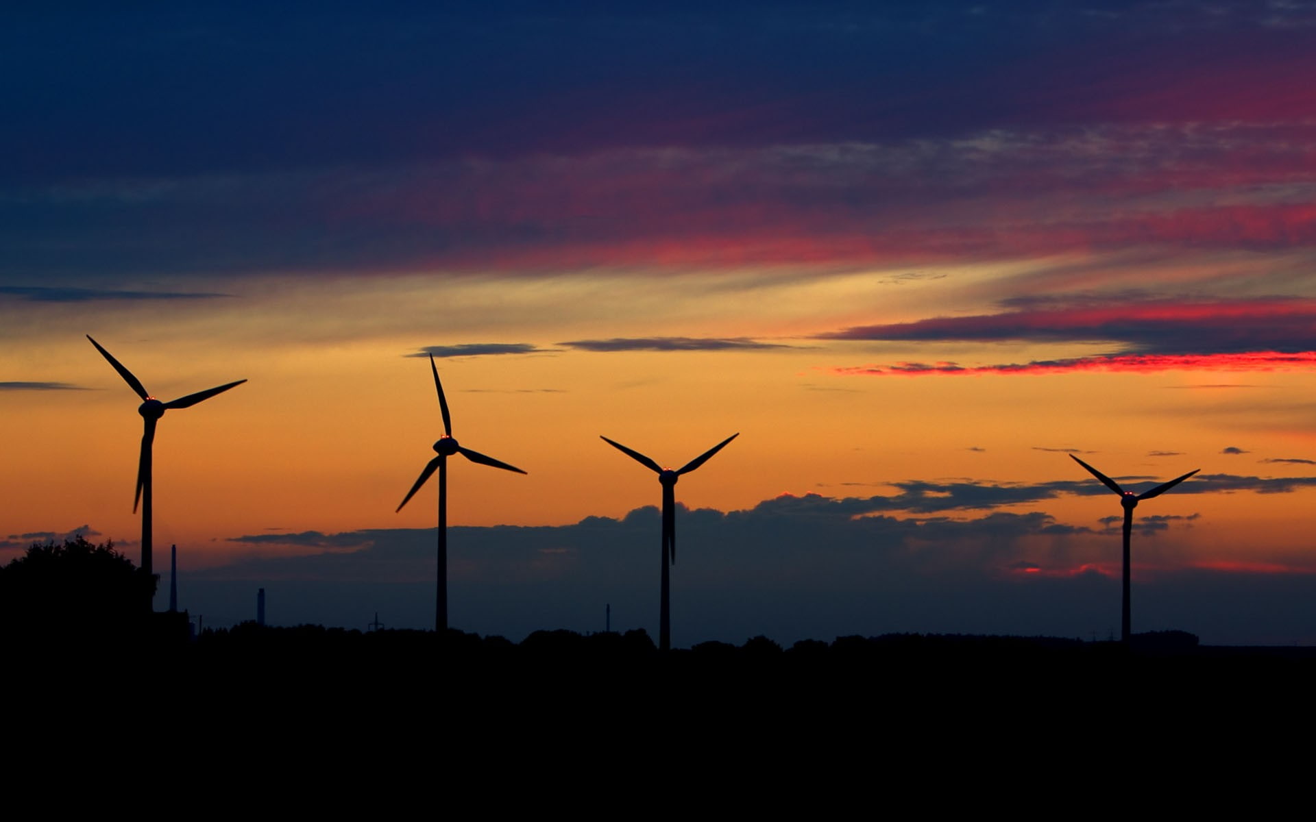 purple sky, wind farm, sunset, 1080P, landscape, wind turbine, HD Wallpaper