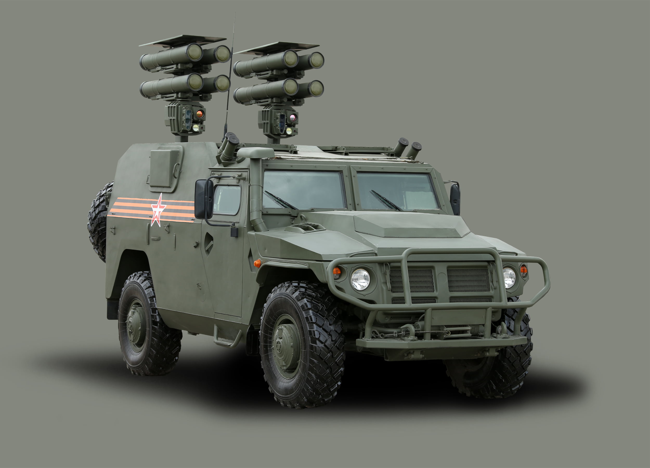 1080P, motor vehicle, May 9, single object, land vehicle, indoors, machinery, tiger, studio shot, gray, colored background, army, armored car, communication, HD Wallpaper